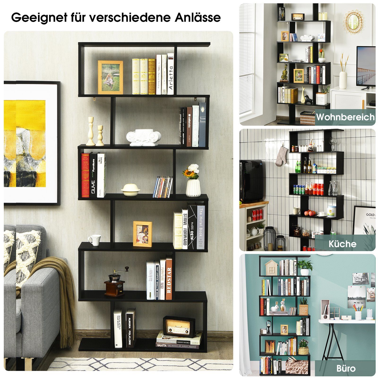 COSTWAY Bücherregal, Standregal mit 6 Fächern, 20 kg/Ebene, 80x23x192cm, schwarz