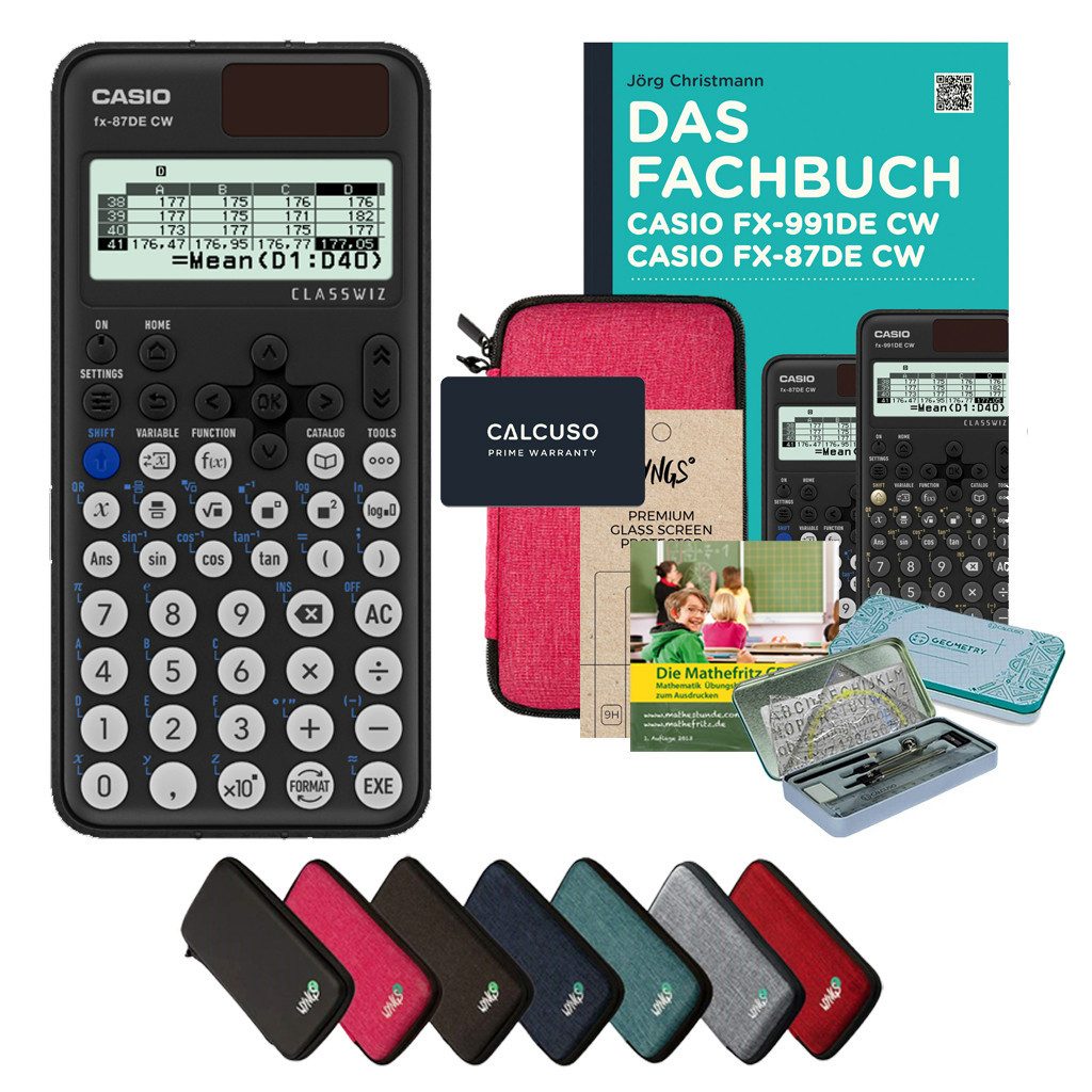CASIO Taschenrechner fx-87DE CW - Premium Set inkl. Schutztasche Pink & Fachbuch uvm.