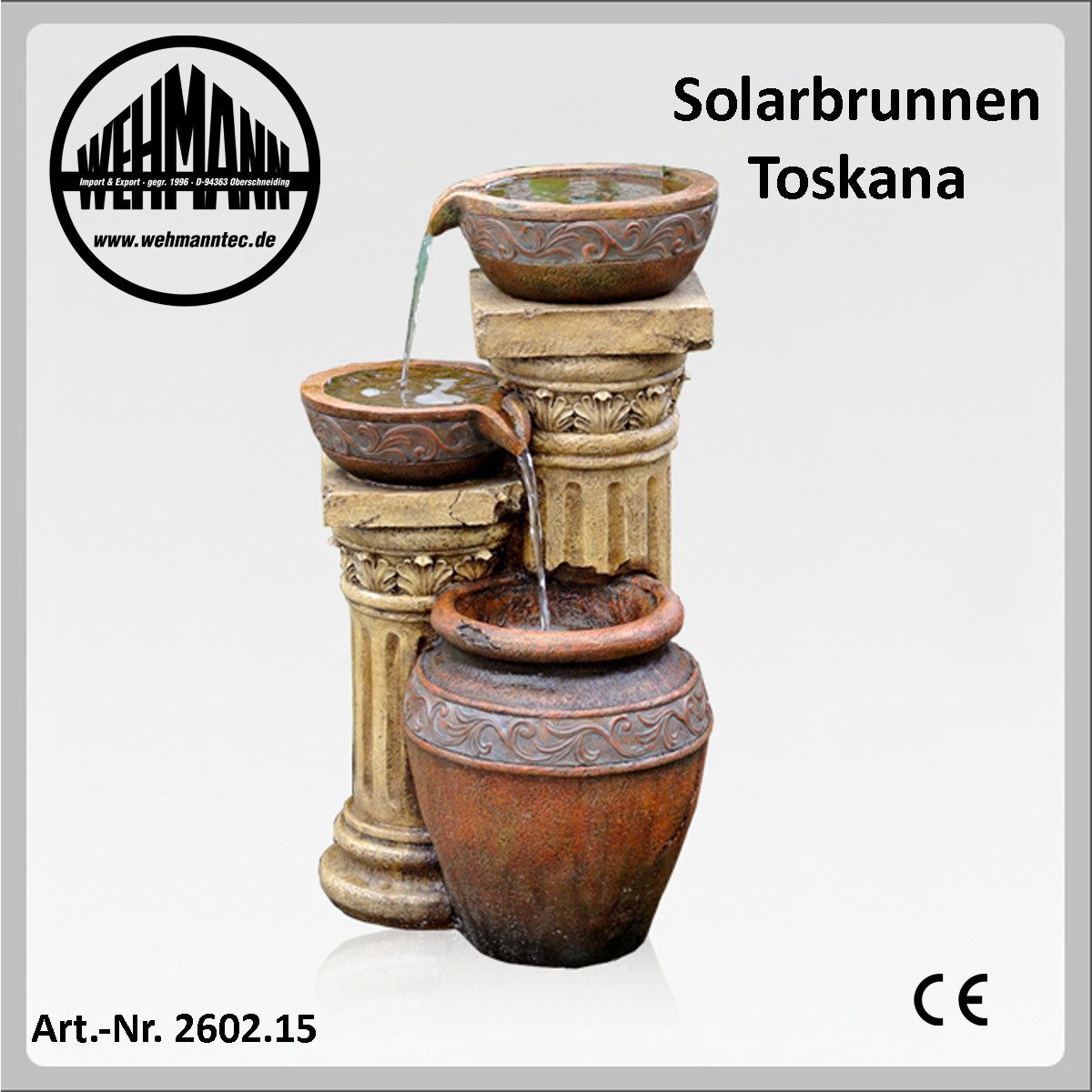 Wehmann Gartenbrunnen Solarbrunnen Toskana, 80 cm Höhe 43 cm Breite 43 cm Tiefe mit Ladeteil für Akku – Bild 2 von 4