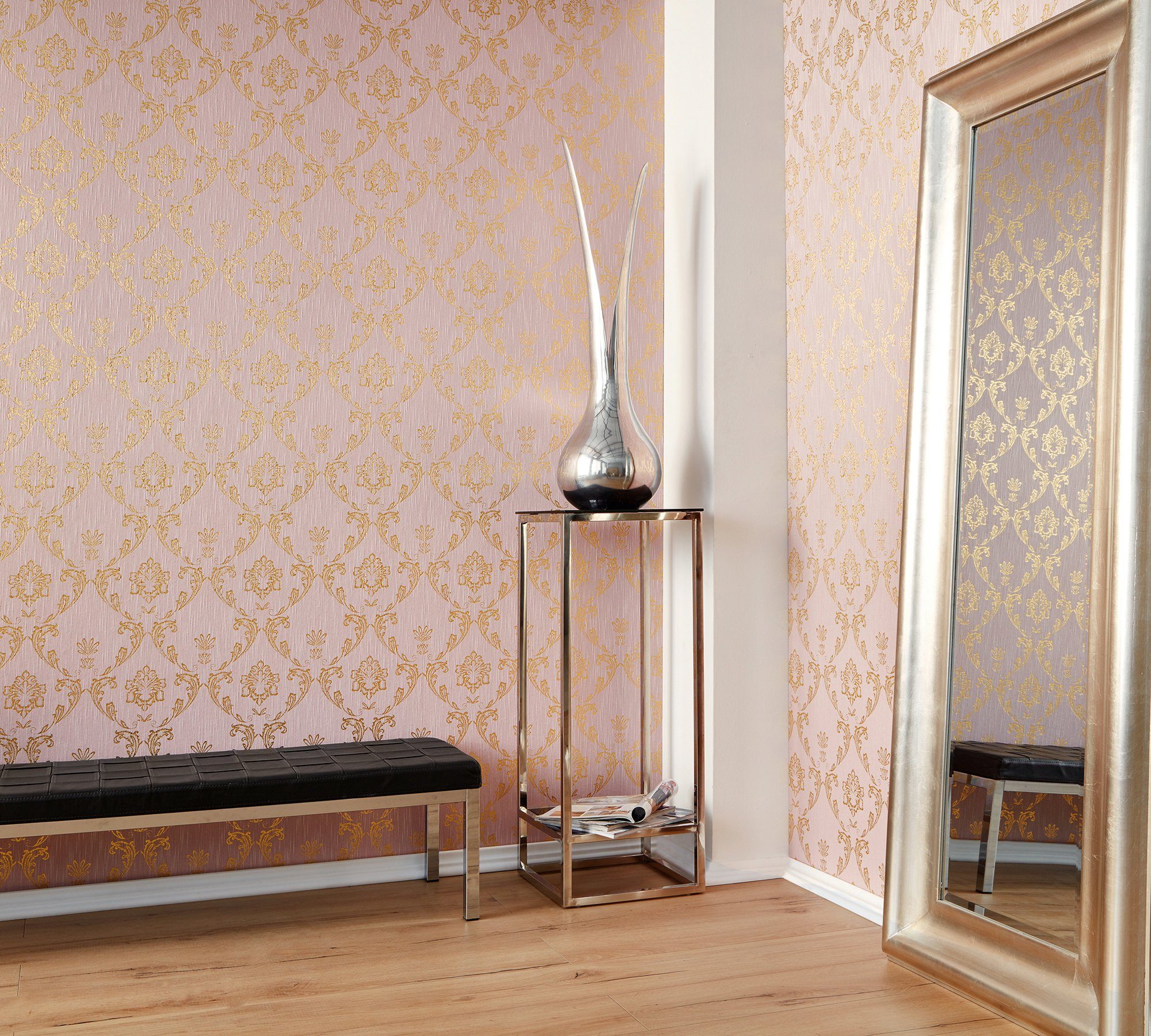 Architects Paper Textiltapete Metallic Ornament gold/rosa Silk, samtig, matt, Tapete Barock, Barock glänzend