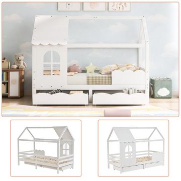 WISHDOR Kinderbett Jugendbett Massivholzbett (200x90 cm Weiß ohne Matratze), mit Rausfallschutz, mit Rausfallschutz Fenster und Lattenrost