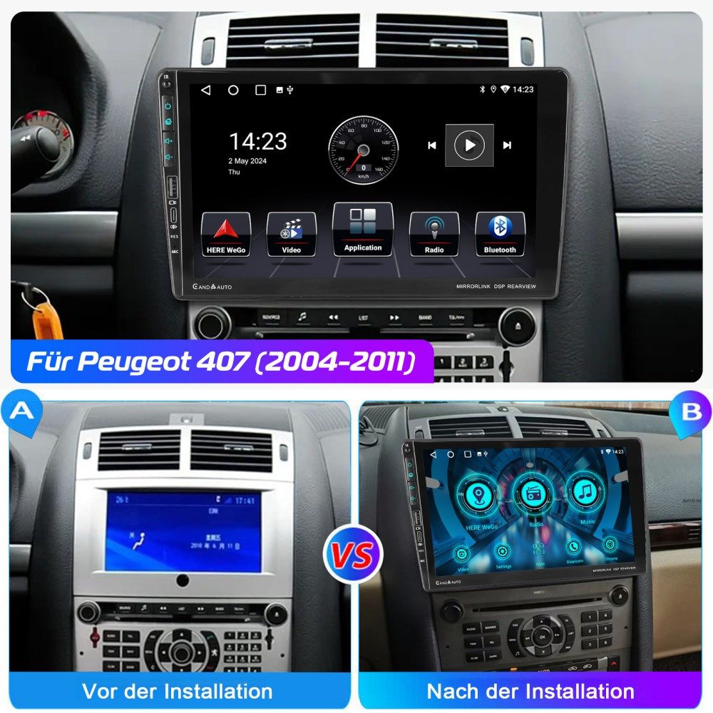 ESSGOO 9' Für Peugeot 407 2004-2011 Ansroid 14 Type-C GPS Autoradio (Digitalradio (DAB), RDS, FM, AM, Carplay Android Auto RDS NAVI SWC)