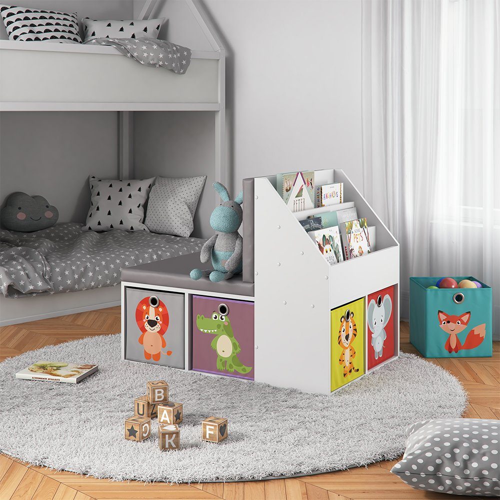 Vicco Bücherregal Kinderregal ONIX mit Sitzbank 6 Faltboxen Weiß