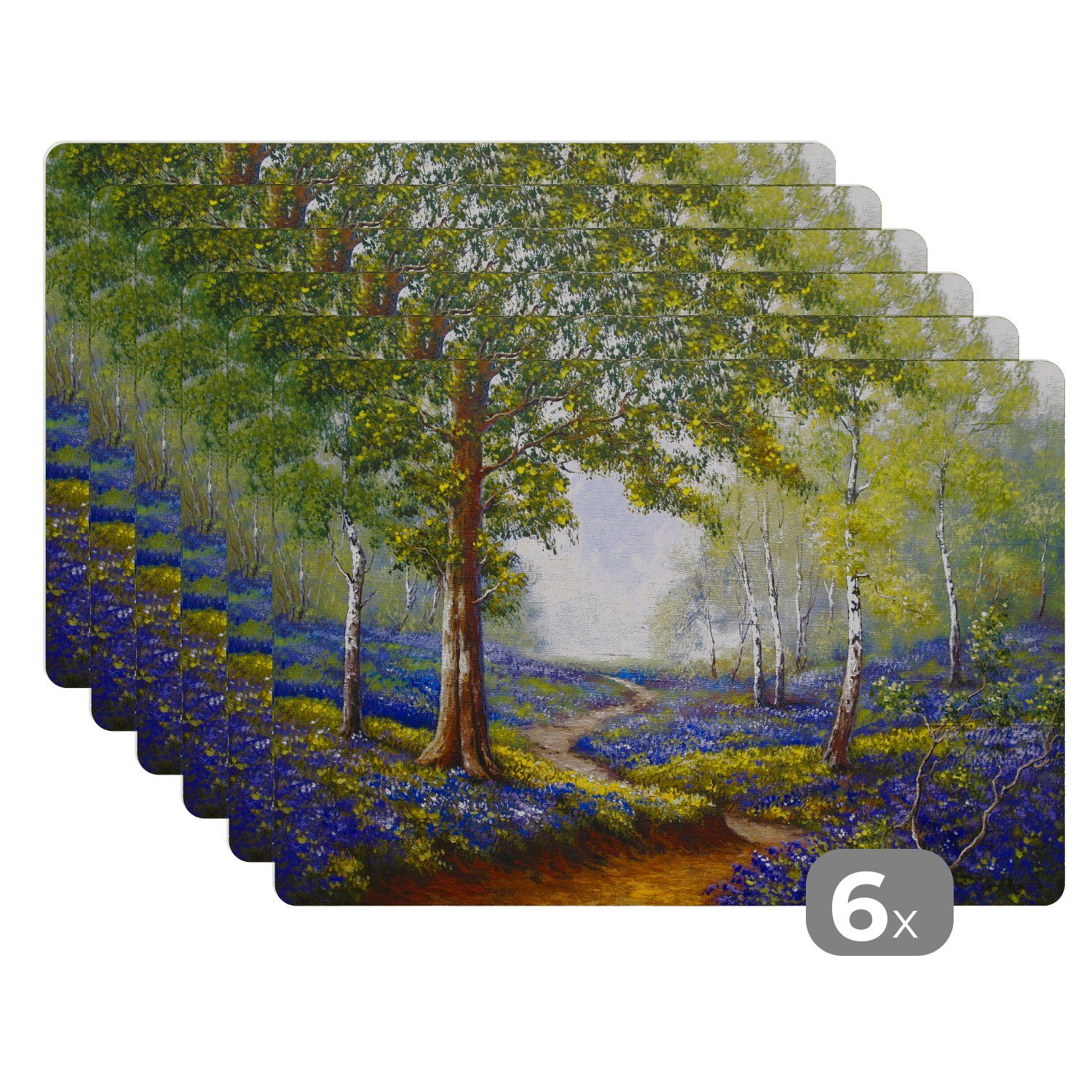 Platzset, Gemälde - Natur - Wald - Blumen - Ölfarbe, MuchoWow, (6-St), Platzset, Platzdecken, Platzmatte, Tischmatten, Schmutzabweisend