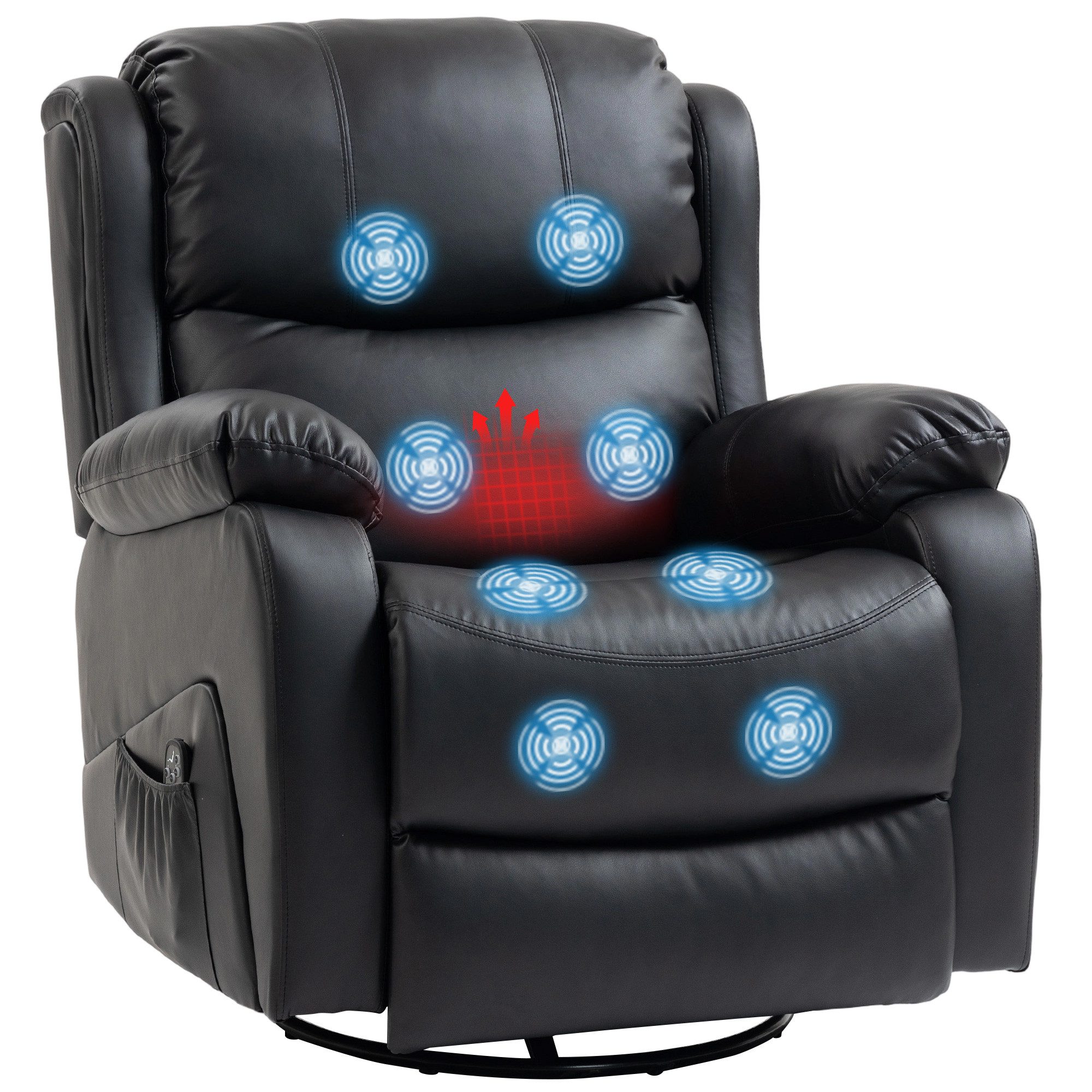 HOMCOM Massagesessel Fernsehsessel mit Liegefunktion, Heizfunktion (Relaxsessel, 1-St., TV Sessel), mit Wippfunktion, Fernbdienung, Kunstleder, Seitentasche Schwarz