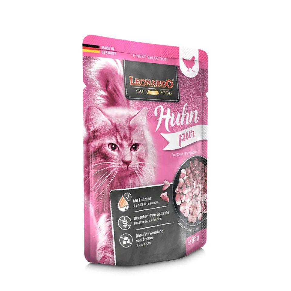 Leonardo Catfood Huhn Pur - getreidefreies Nassfutter mit fettarmen Huhn 16x85g, Nassfutter für: Katzen