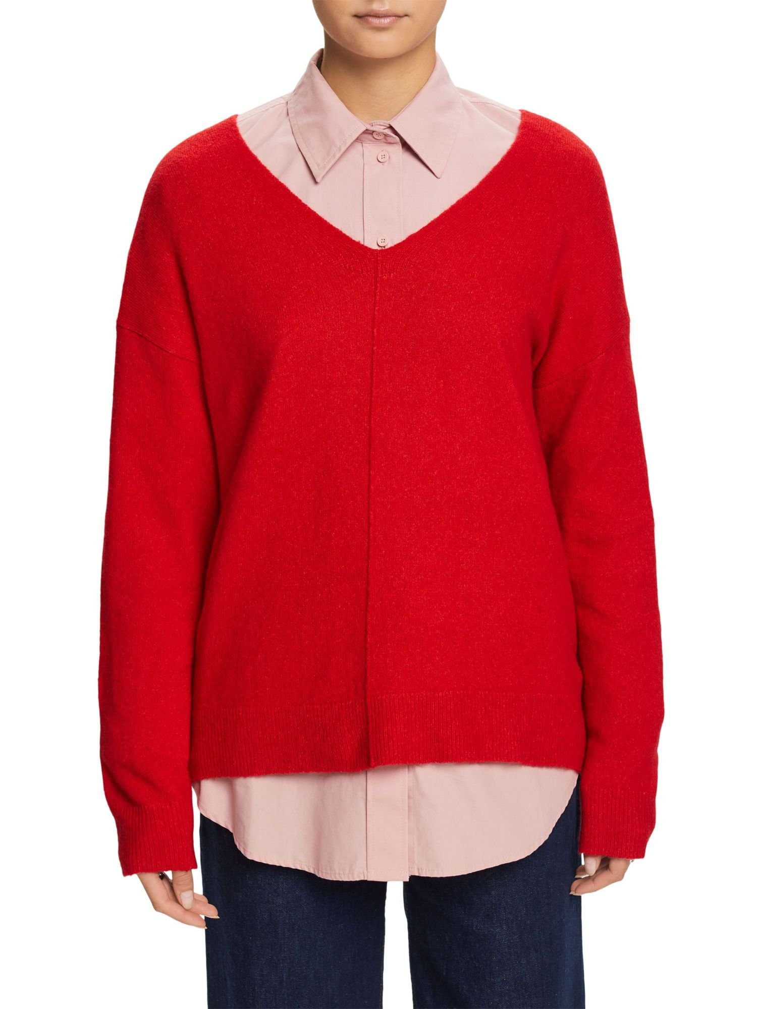 V-Ausschnitt-Pullover RED mit Esprit DARK Wollmix-Pullover V-Ausschnitt