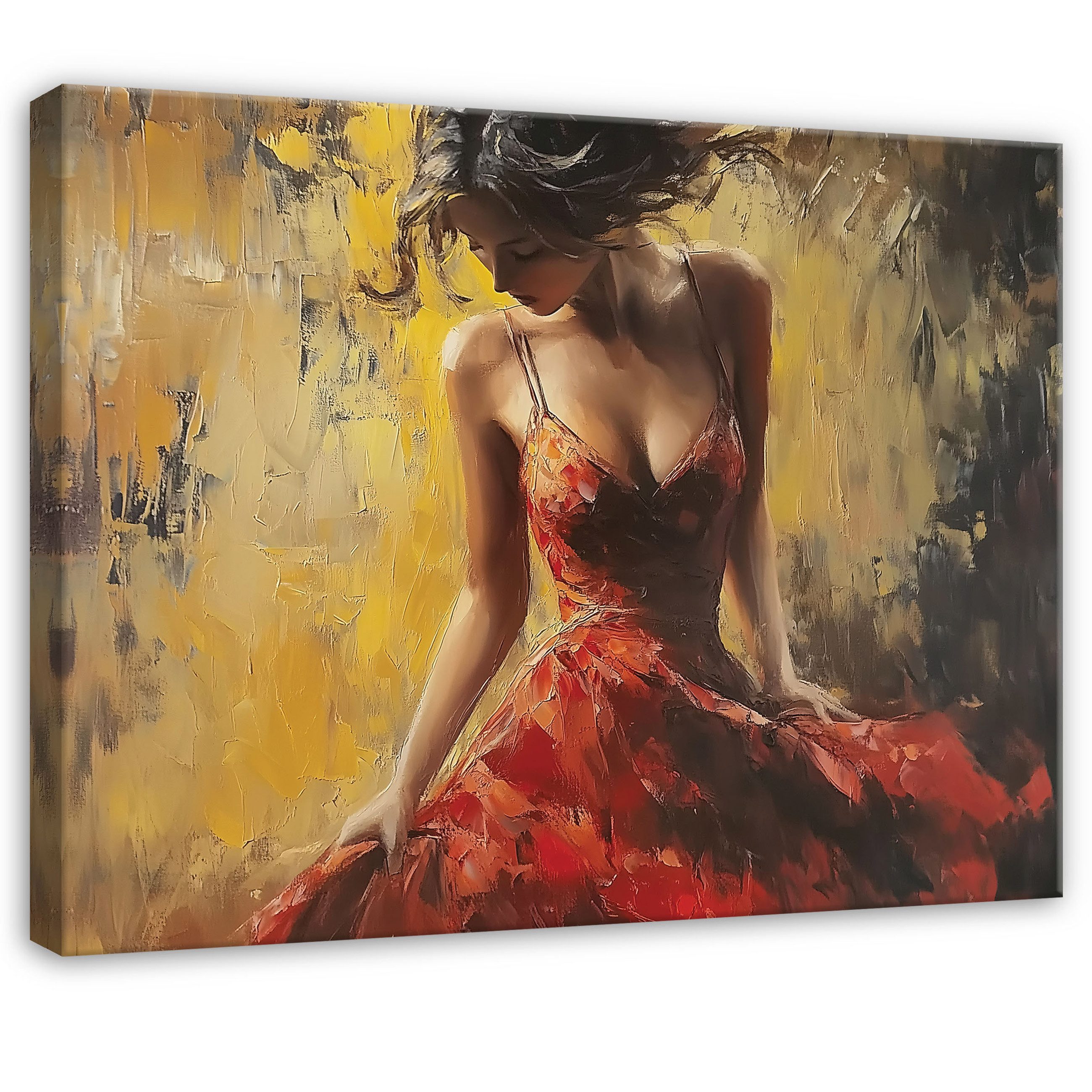 Wallarena Leinwandbild Frau Kleid Rot Gold Wandbilder Wand Deko XXL Bilder, günstig online kaufen