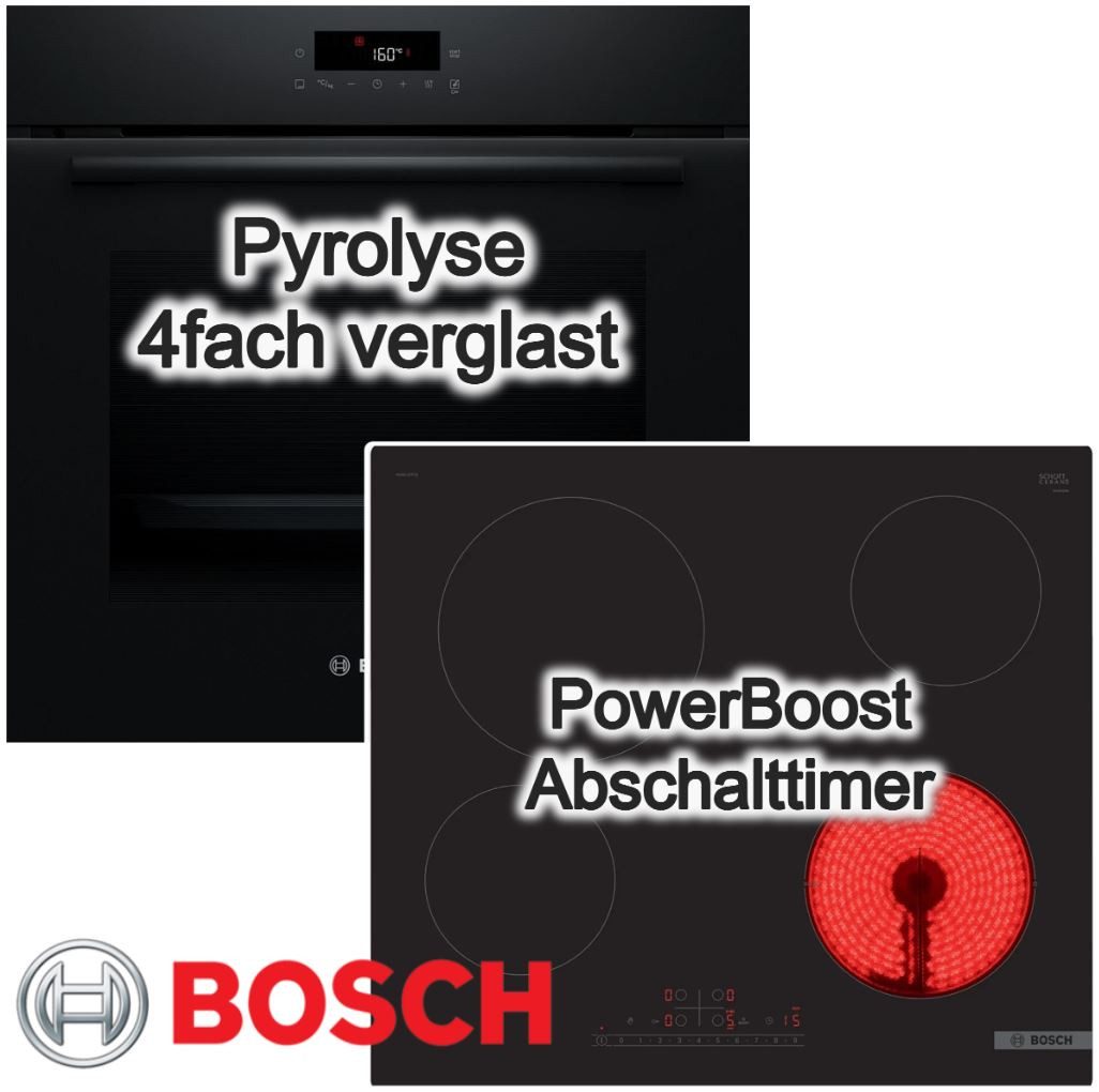 BOSCH Backofen-Set Pyrolyse 3D-Heißluft +Glaskeramik Kochfeld PowerBoost rahmenlos autark, mit Nein