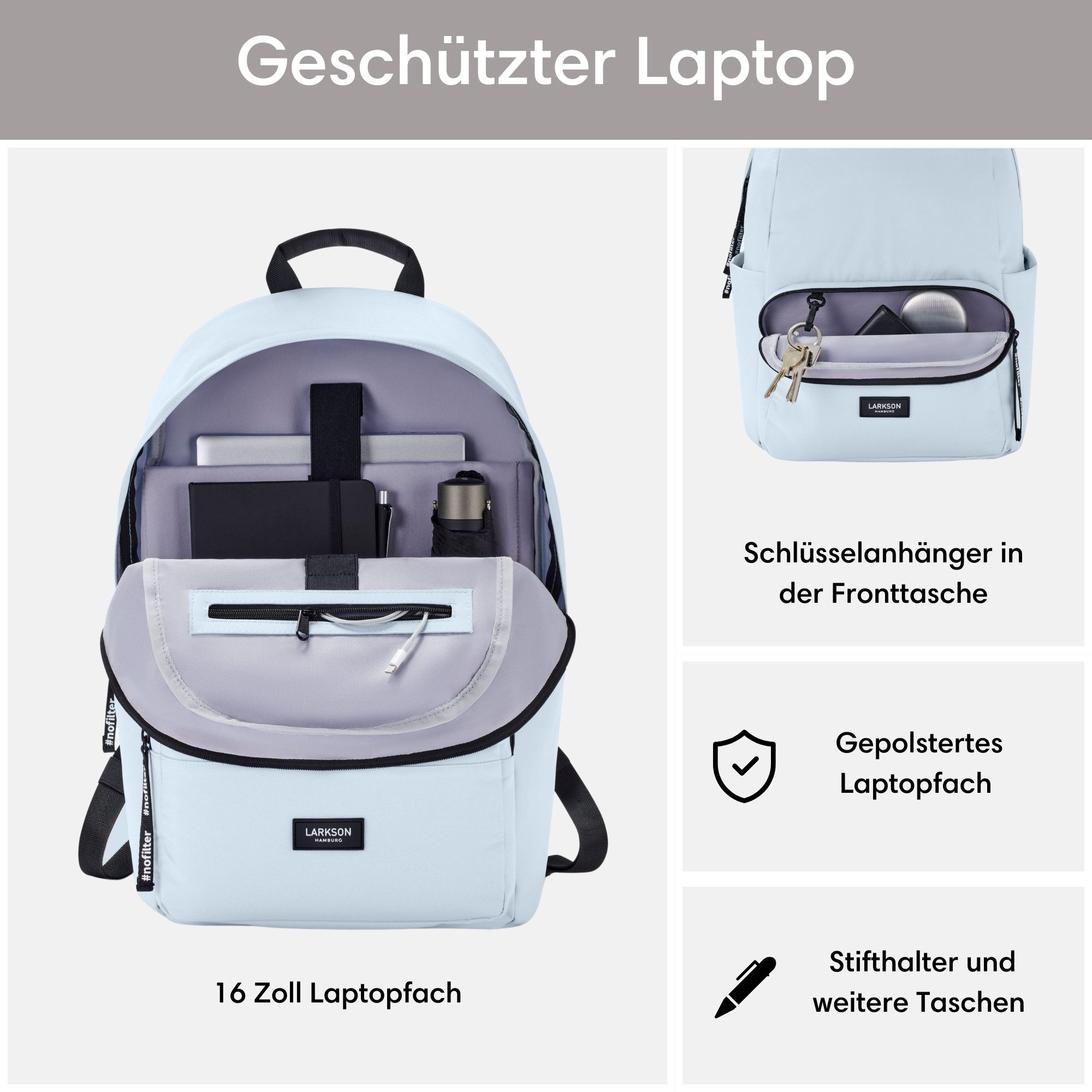 LARKSON Schulrucksack No 3 Rucksack Schule Mädchen Jungen Teenager (1-tlg), Seitentasche, Laptopfach, Wasserabweisend – Bild 3 von 5