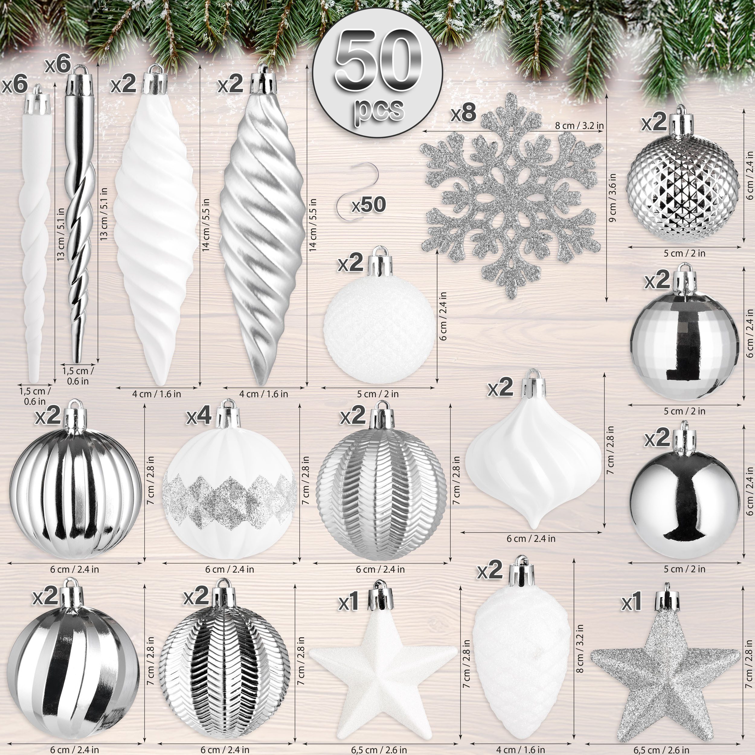 BRUBAKER Weihnachtsbaumkugel 50 -tlg. Premium Christbaumschmuck - Weihnachtskugel Set (50 St), Glitzer Kugeln, Schneeflocken, Eiszapfen und Tannenzapfen Baumschmuck