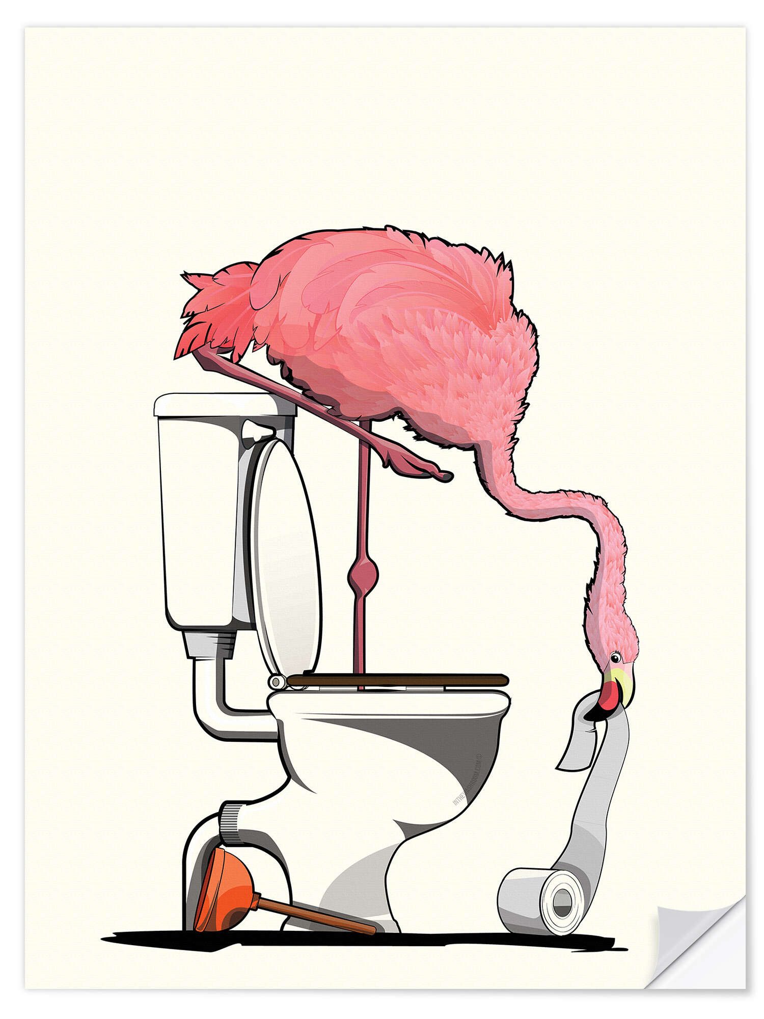 Posterlounge Wandfolie Wyatt9, Flamingo auf der Toilette, Badezimmer Illustration
