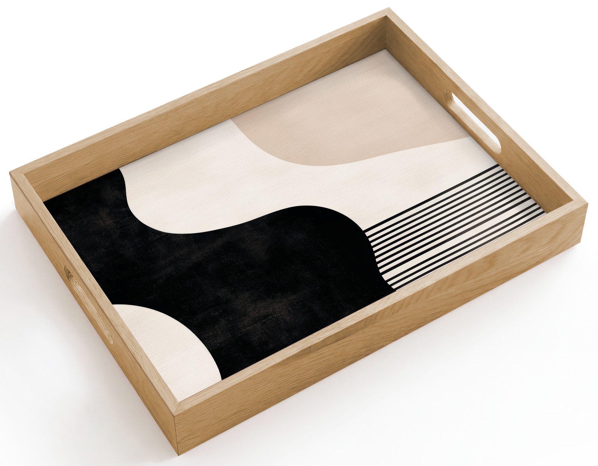 OnlyWow Tablett Rechteckig mit Henkel Abstrakt - Japandi - Beige - Modern, Eichenholz, (1-tlg), Siervierplatte, Tray, Frühstücksbrett