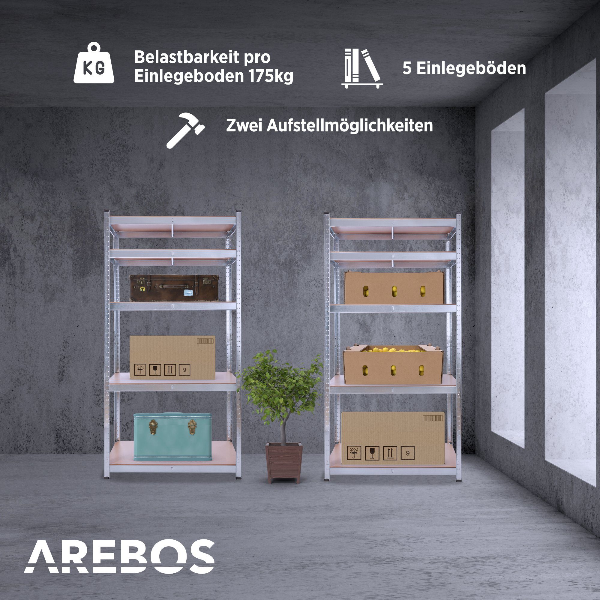 Arebos Schwerlastregal 180x90x40 cm, 5 Böden, 875 kg Traglast, Steckregal, günstig online kaufen