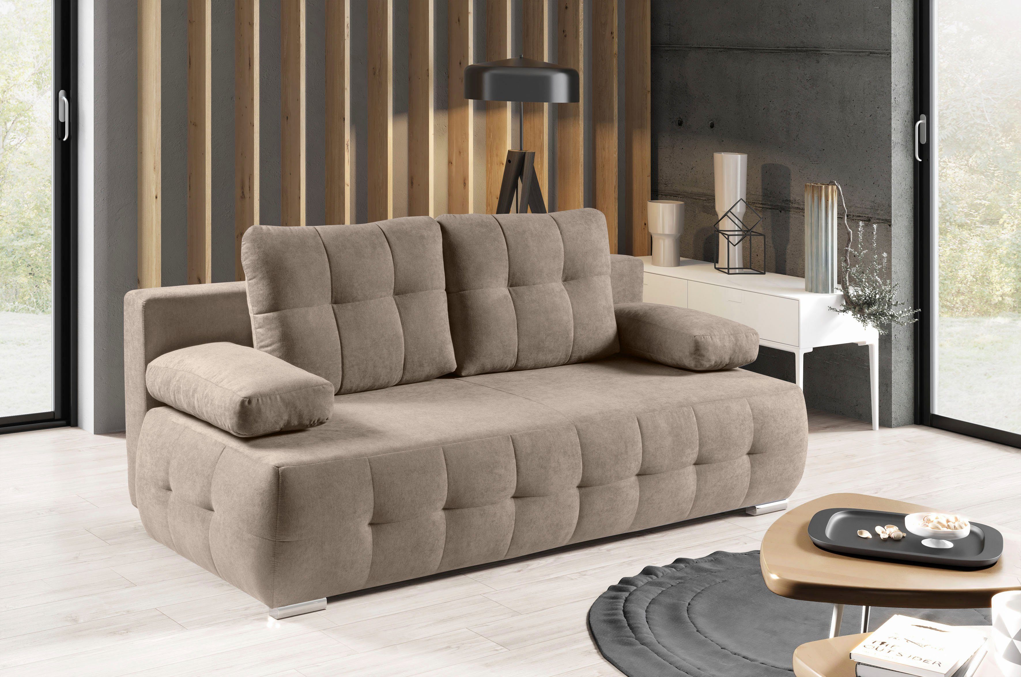 WERK2 Schlafsofa Indigo, 2-Sitzer Sofa und Schlafcouch mit Federkern & Bettkasten taupe | taupe | taupe