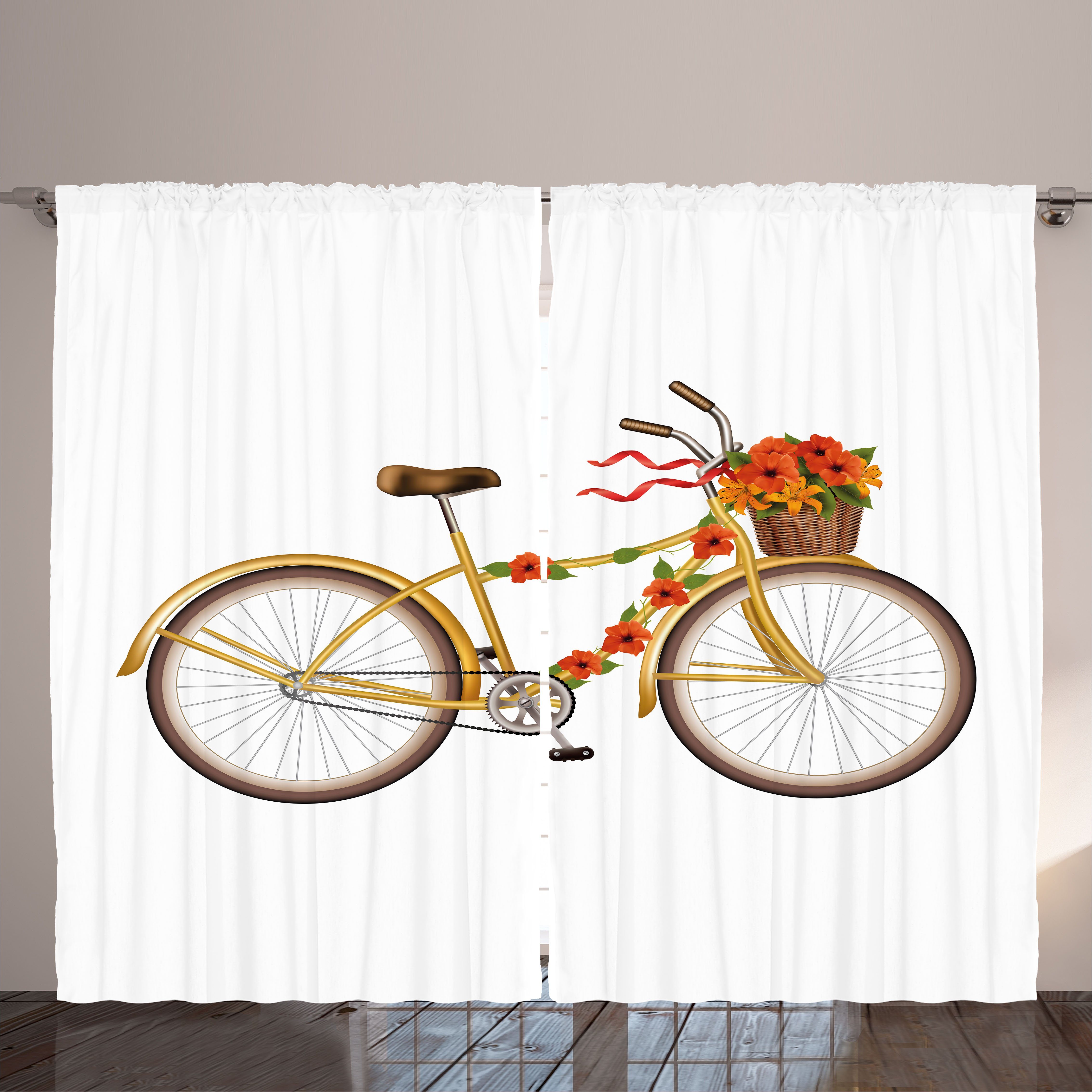 Gardine Schlafzimmer Kräuselband Vorhang mit Schlaufen und Haken, Abakuhaus, Bike-Party Herbst Blumen-Fahrrad
