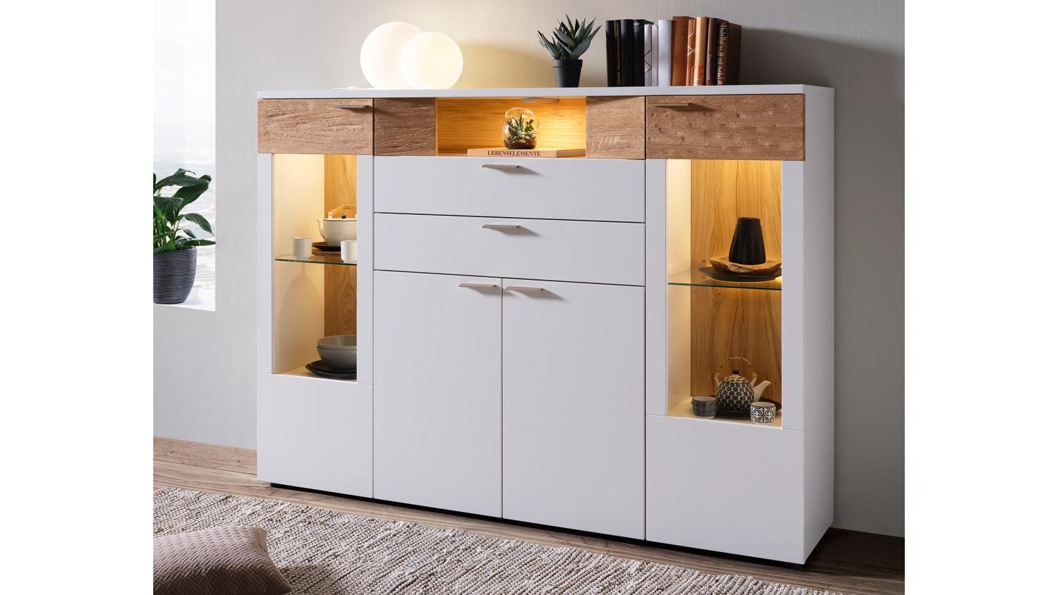 Möbel Akut Highboard Highboard OSLO weiß matt lackiert und Asteiche hell Massivholz