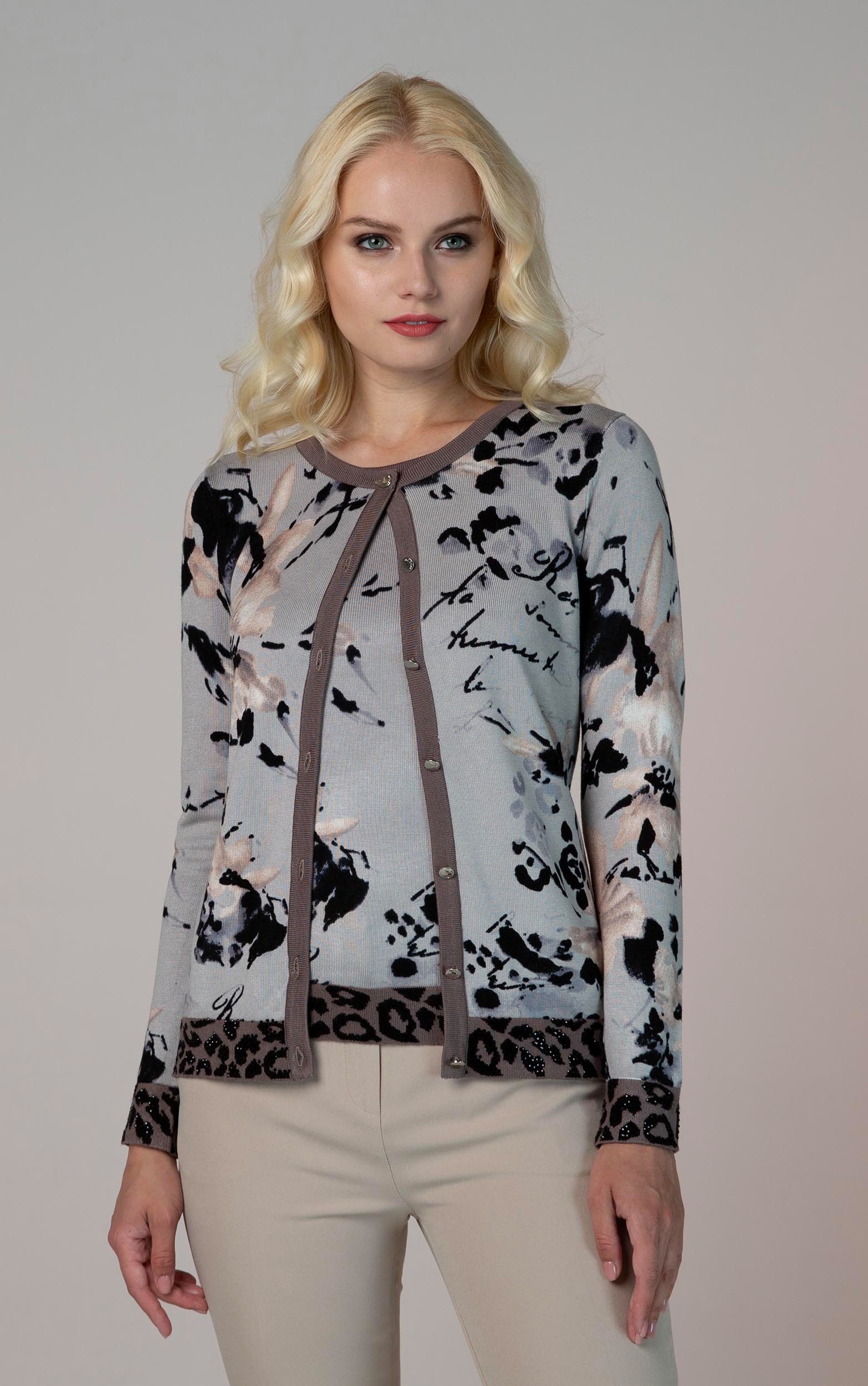 Passioni Cardigan Twinset mit Blumendruck und Leodetail günstig online kaufen