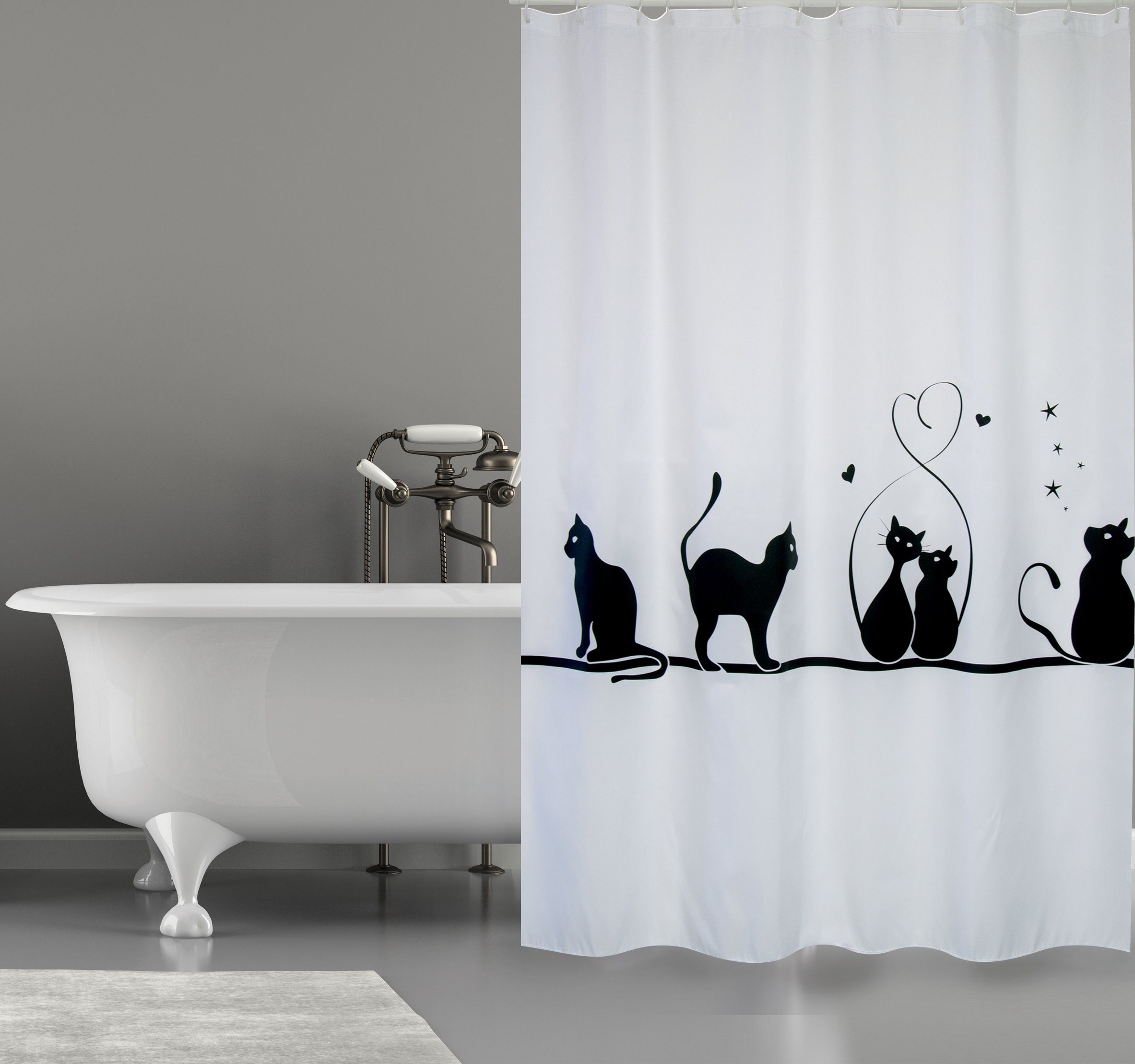 MSV Duschvorhang »CAT« Breite 180 cm, Premium Anti-Schimmel Textil- Duschvorhang, Polyester, 180x200 cm, waschbar, weiß-schwarz, Motiv "Cat"
