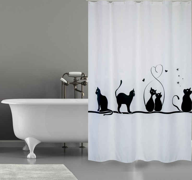 MSV Duschvorhang CAT Breite 180 cm, Premium Anti-Schimmel Textil-Duschvorhang, Polyester, 180x200 cm, waschbar, weiß-schwarz, Motiv "Cat"