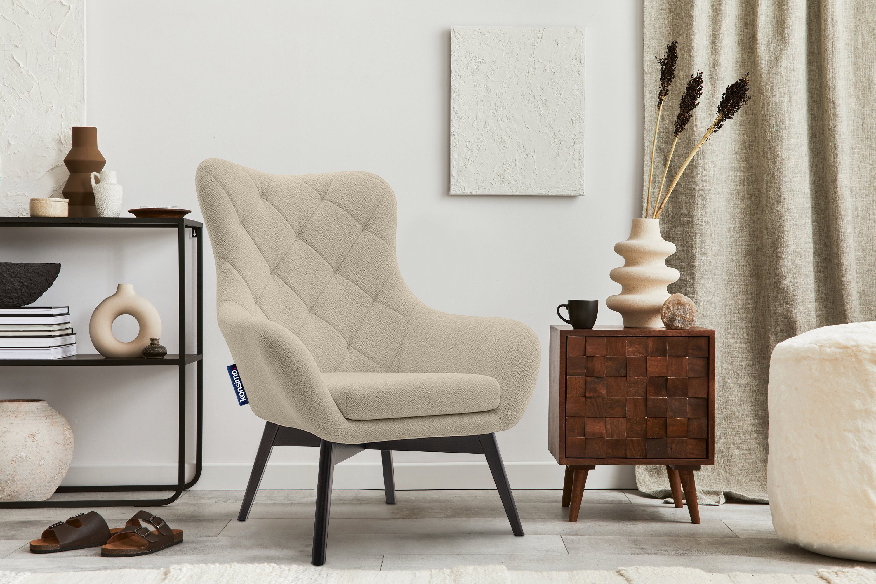 Konsimo Ohrensessel Steppung, Sessel mit Sitz RAMOS, im beige robuste | beige Polyurethanschaum Holzbeine