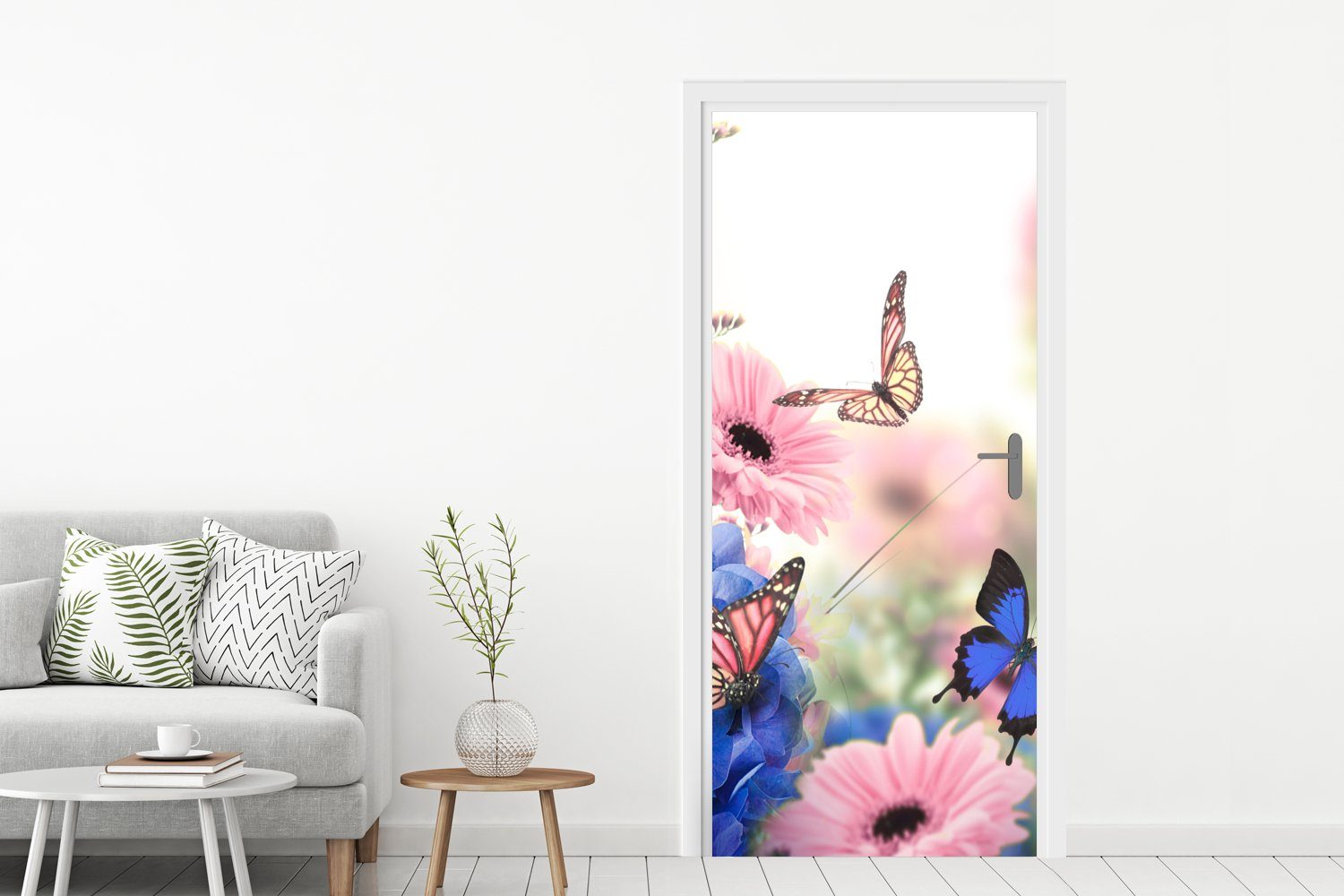 Schmetterlinge cm Matt, St), Insekten, - - MuchoWow Tür, - Fototapete 75x205 Türtapete Hortensien (1 bedruckt, Türaufkleber, Blumen für