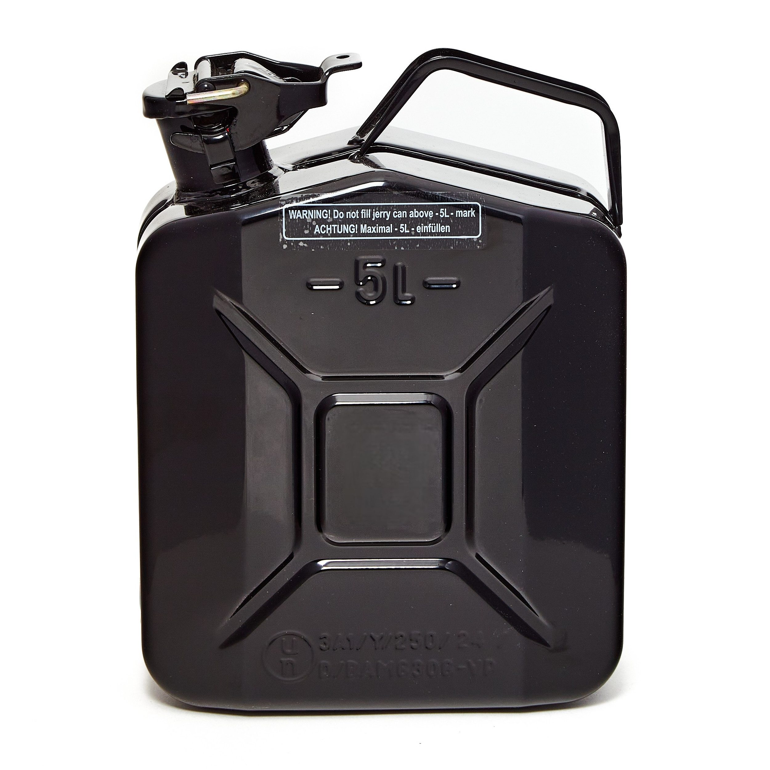 BW Benzinkanister Metall Kraftstoffkanister 5 Liter - Schwarz - RAL 9005 (nach NATO Standard, Made in Europe), TÜV-geprüft und UN-Zulassung