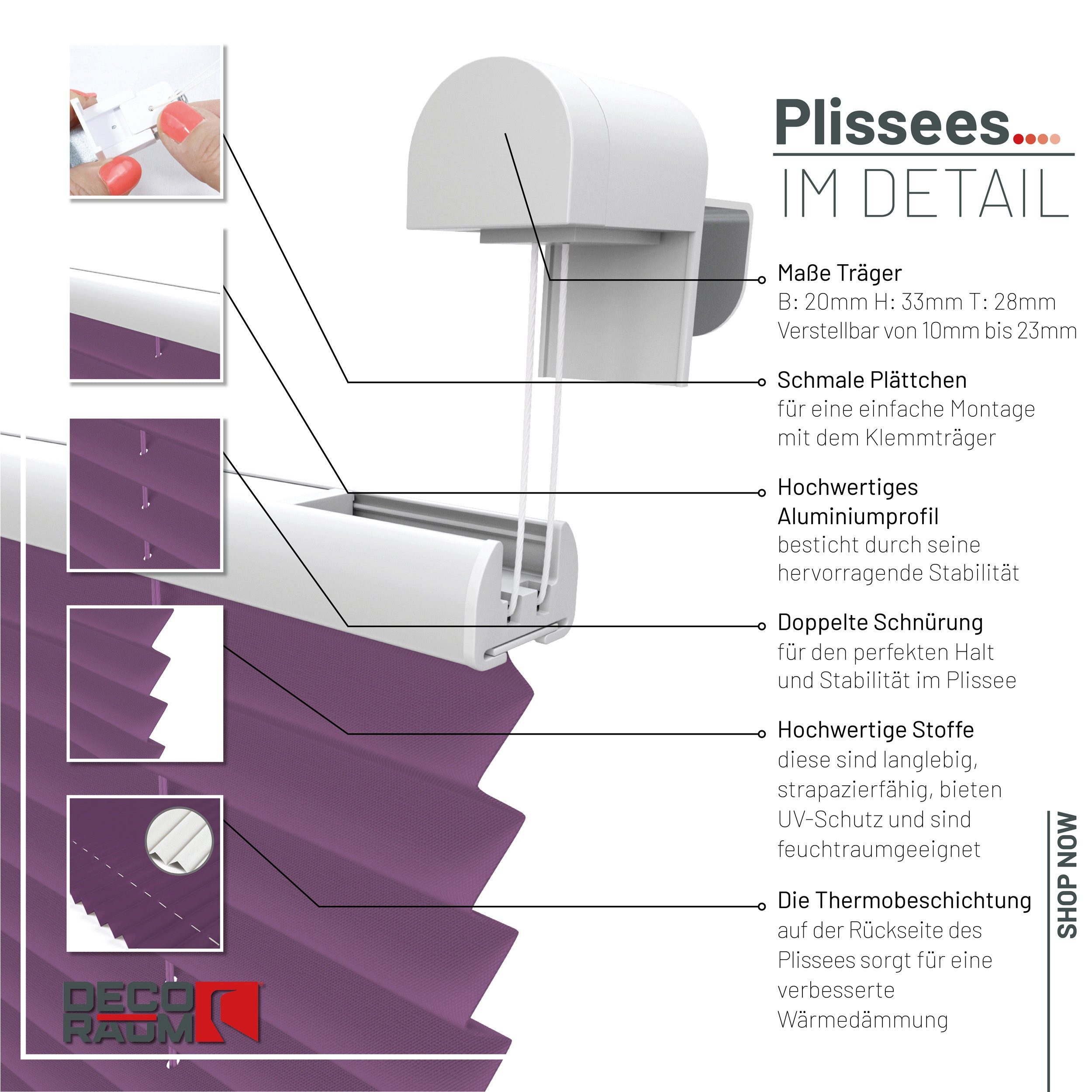 Deco-Raum Plissee Thermo Basic, abdunkelnd, Klemmträger, auf dem Fenster-/Türrahmen, Klemmfix, einfache Montage, in verschiedenen Farben und Größen ohne Bohren