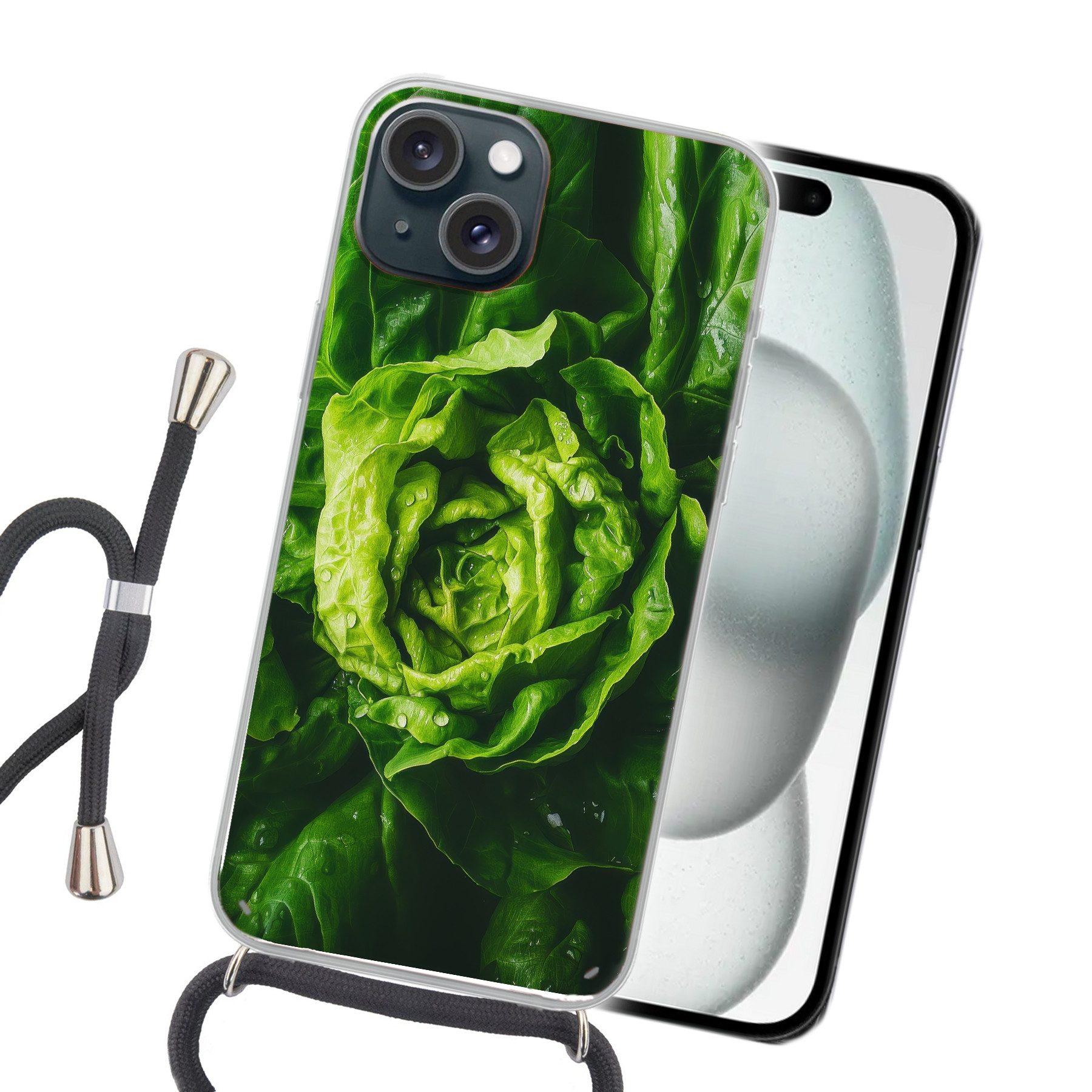 MuchoWow Handyhülle für Apple iPhone 15 Gemüse - Kopfsalat - Grün, Tragbare Handyhüllen mit Kette zum umhängen, Handykette Handyband
