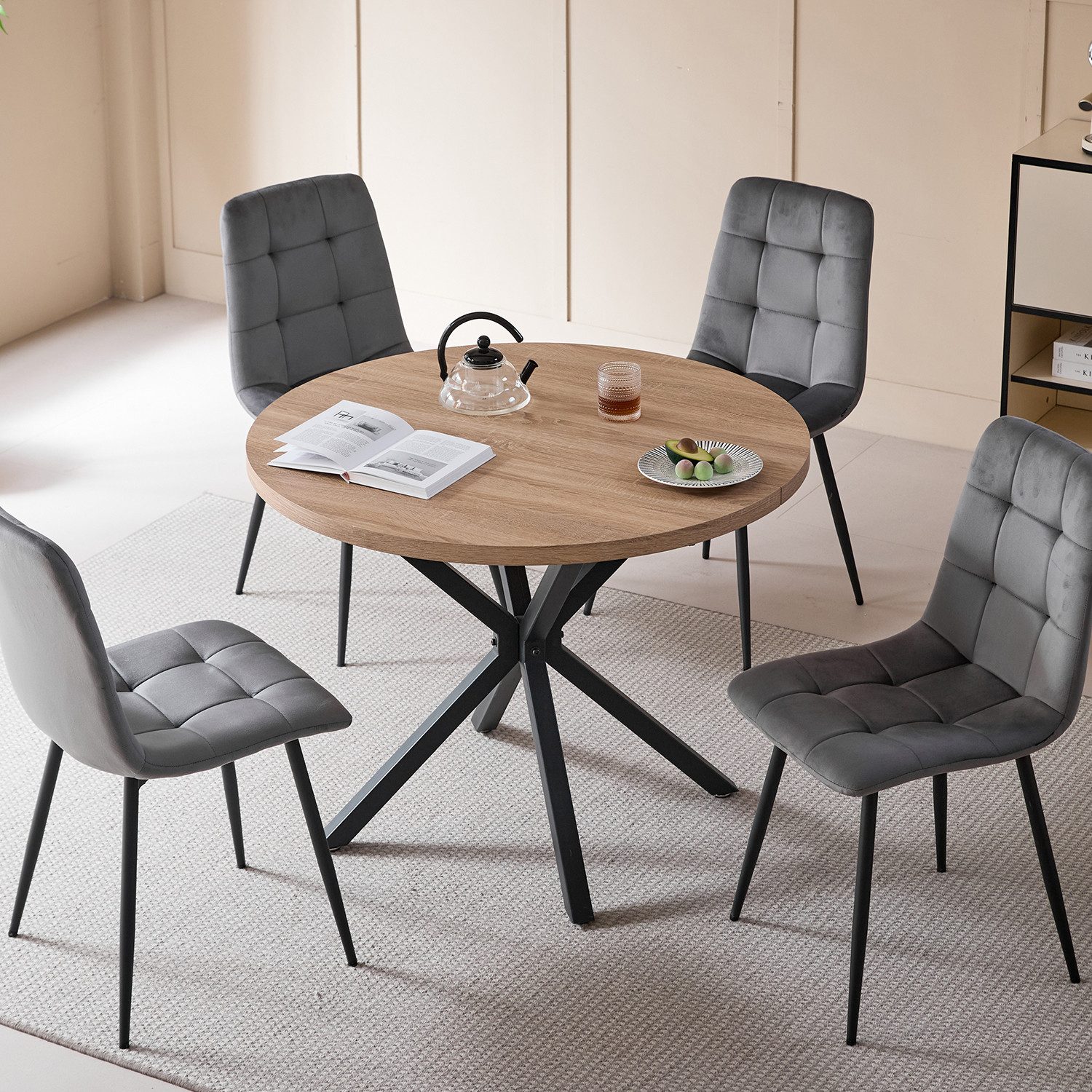 GrandCA HOME Essgruppe Tisch- und Stuhl-Set im Nordischen Stil, Essgruppe mit Stühlen, (5-tlg), Stühle aus Dutch Velvet / Cord, Metallbeine, Schwarz/Grau
