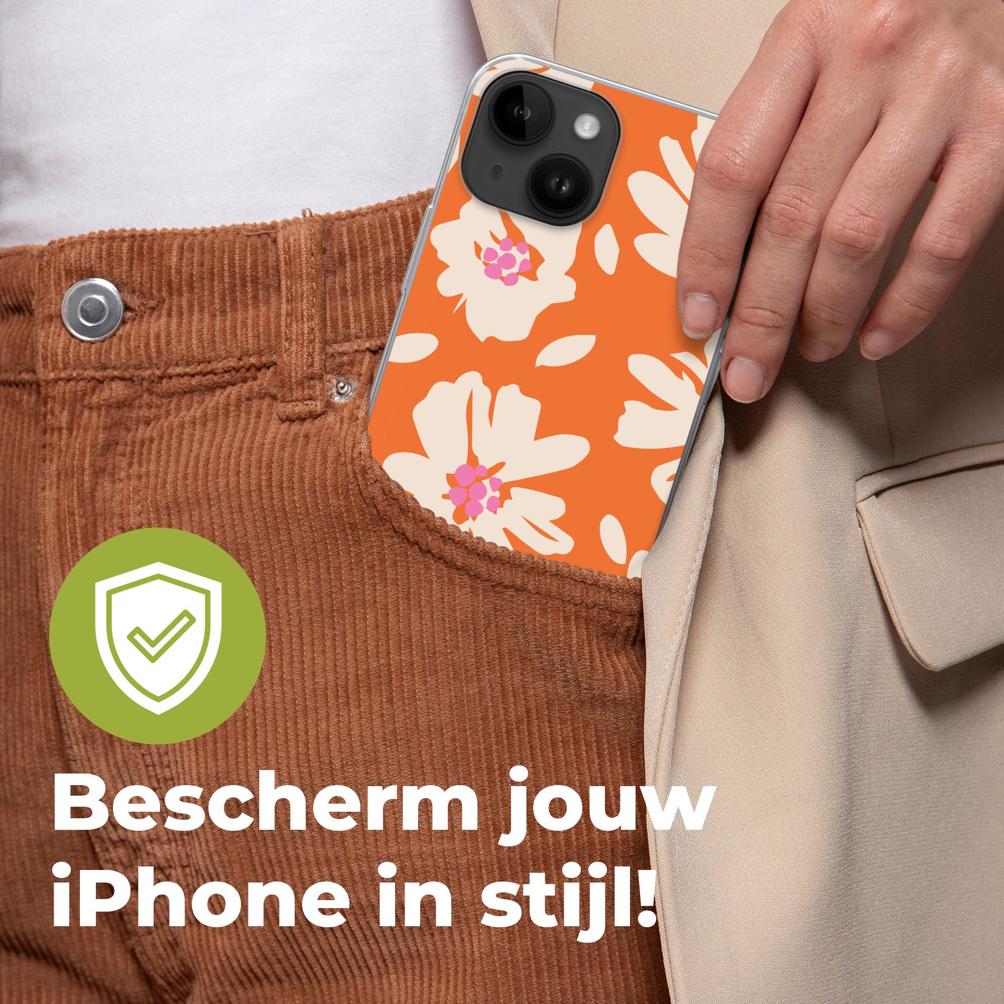 MuchoWow Handyhülle für Apple iPhone 14 Blumen - Orange - Beige - Rosa - Abstrakt, Smartphone-Bumper, Print, Handy Schutzhülle Dünn