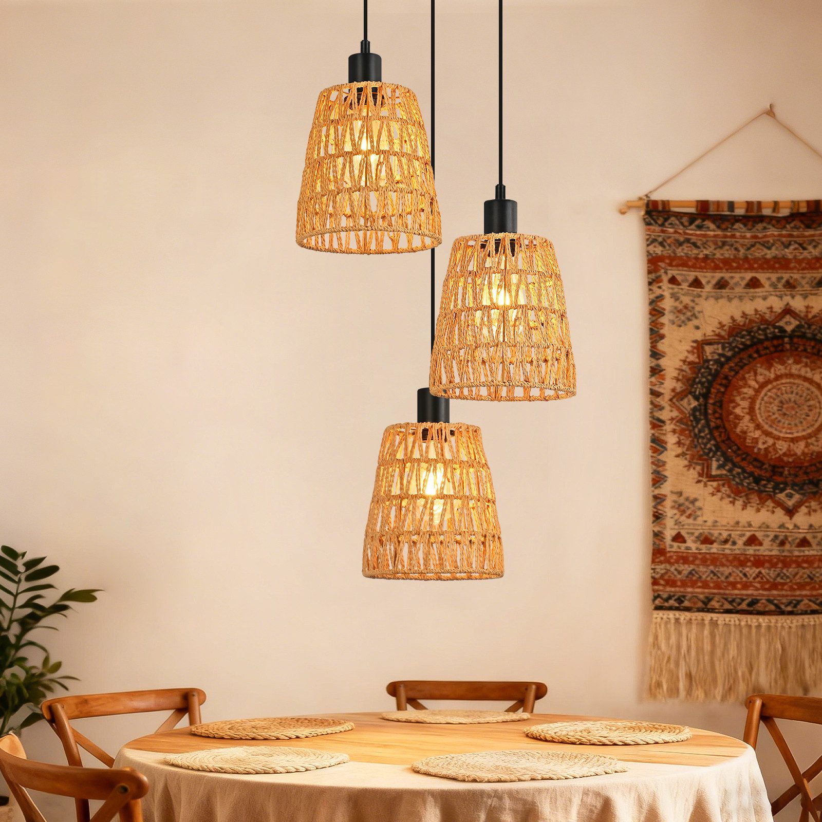 ZMH Pendelleuchte Hängelampe Boho Pendelleuchte Rattan 1/3 Flammig Vintage Geflochten, ohne Leuchtmittel