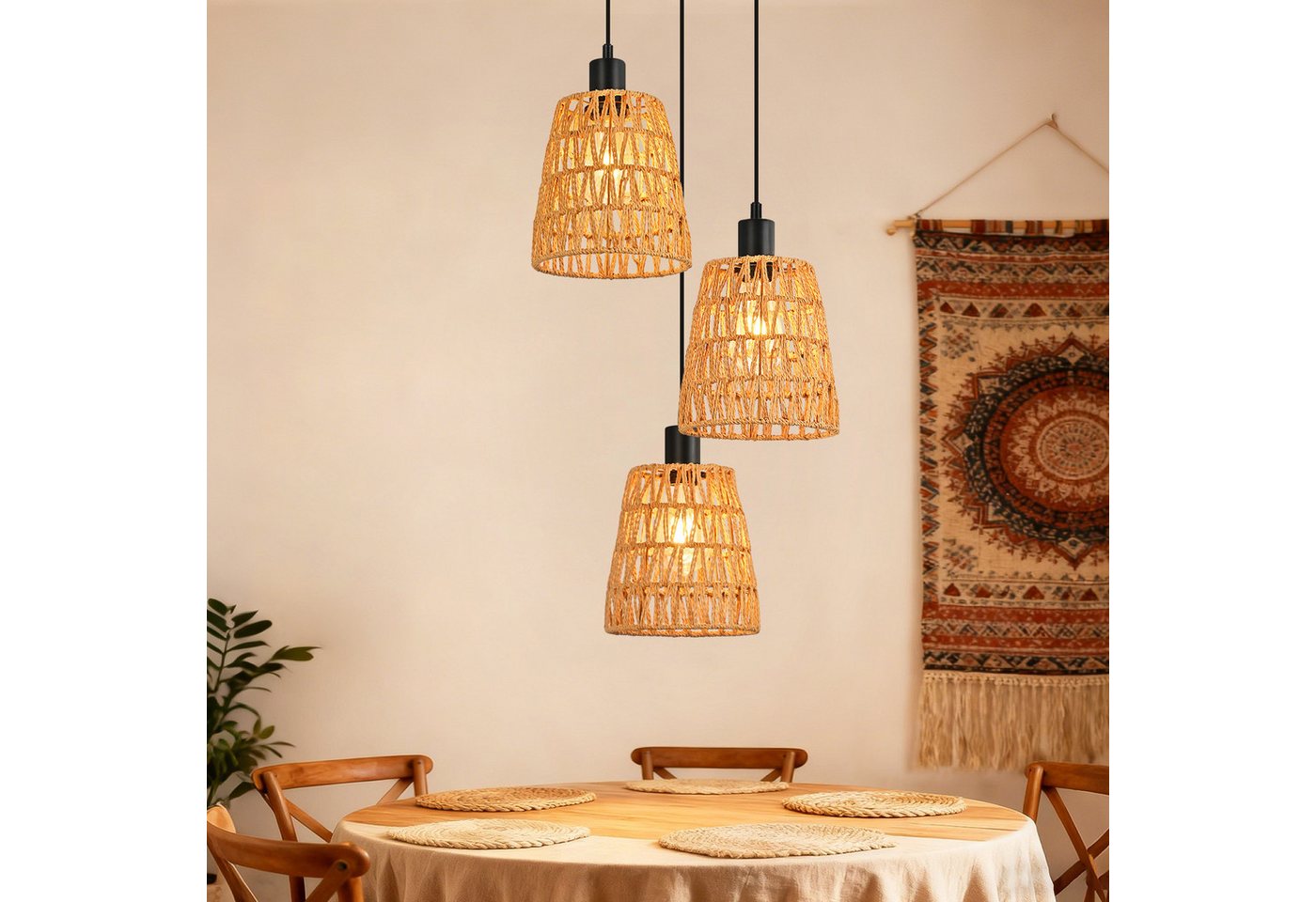 ZMH Pendelleuchte Esstisch, 1/3-flammig, Hängeleuchte mit geflochtenem Papierschirm, bis 120 cm höhenverstellbar, ohne Leuchtmittel, E27, Boho Vintage