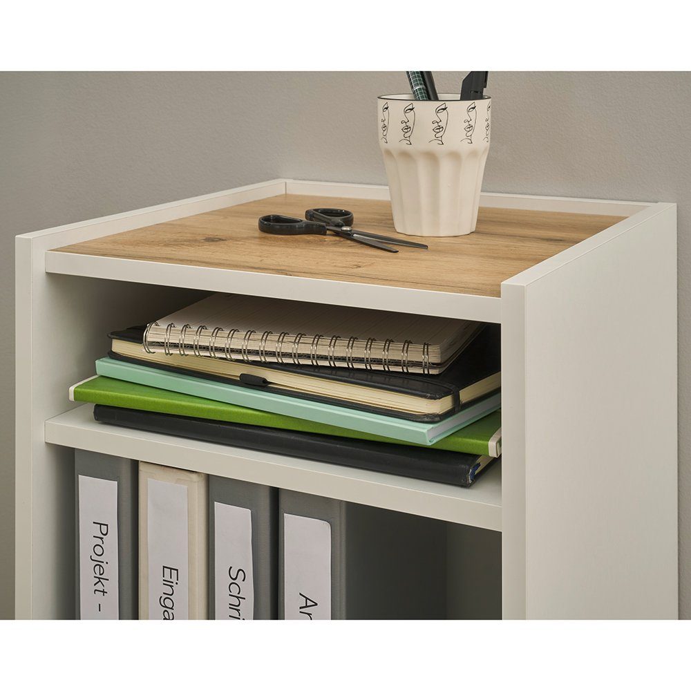 Lomadox Büromöbel-Set CRISP-61, (Spar-Set, 4-tlg., Schreibtisch Regal Kommode Wandregal), Büroausstattung Büroschrank Set weiß mit Eiche, grifflose Optik