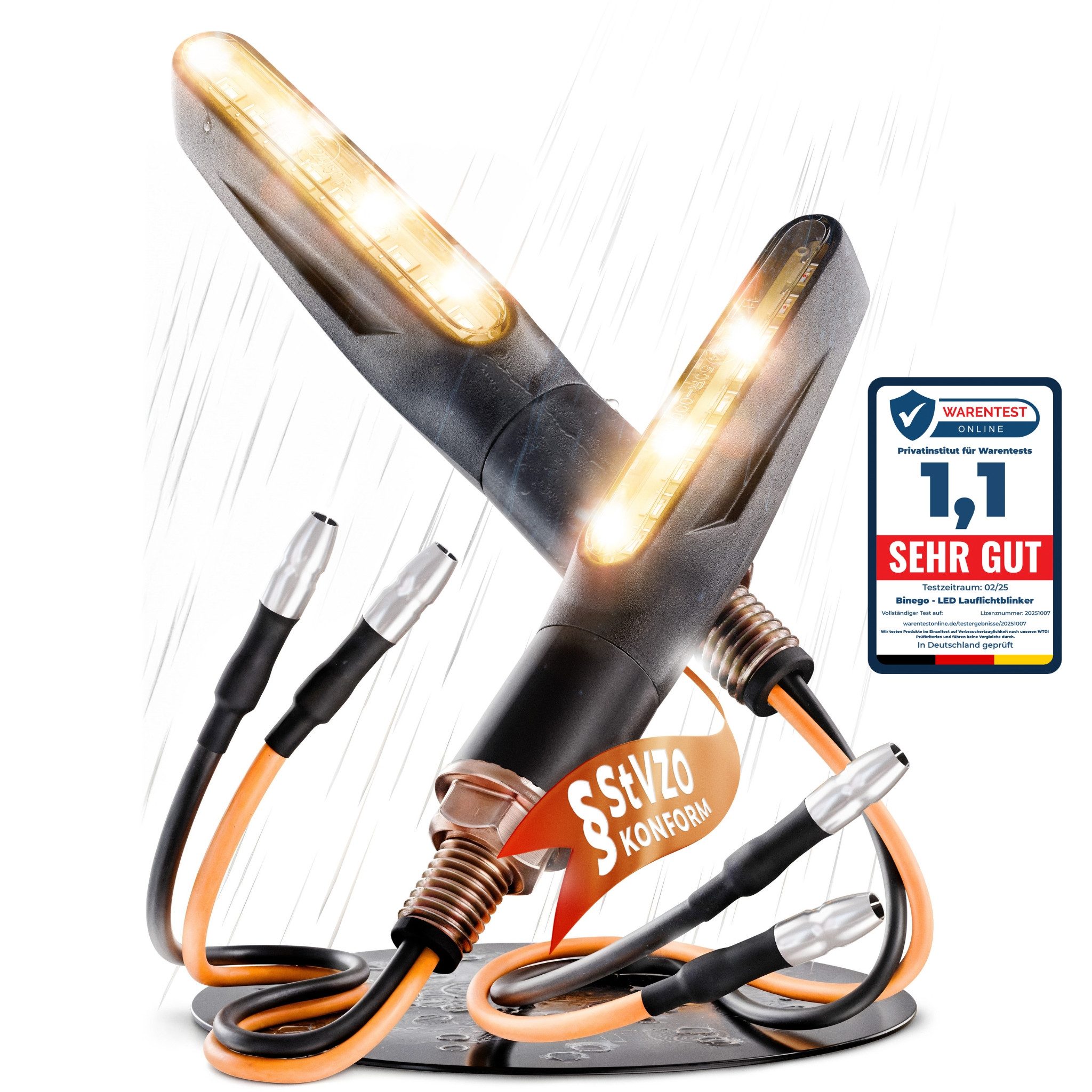 Binego Blinker LED Motorrad E Geprüft Mini mit Lauflicht Universell, Lauflicht Blinker, LED fest integriert, Gelb, StVZO konform