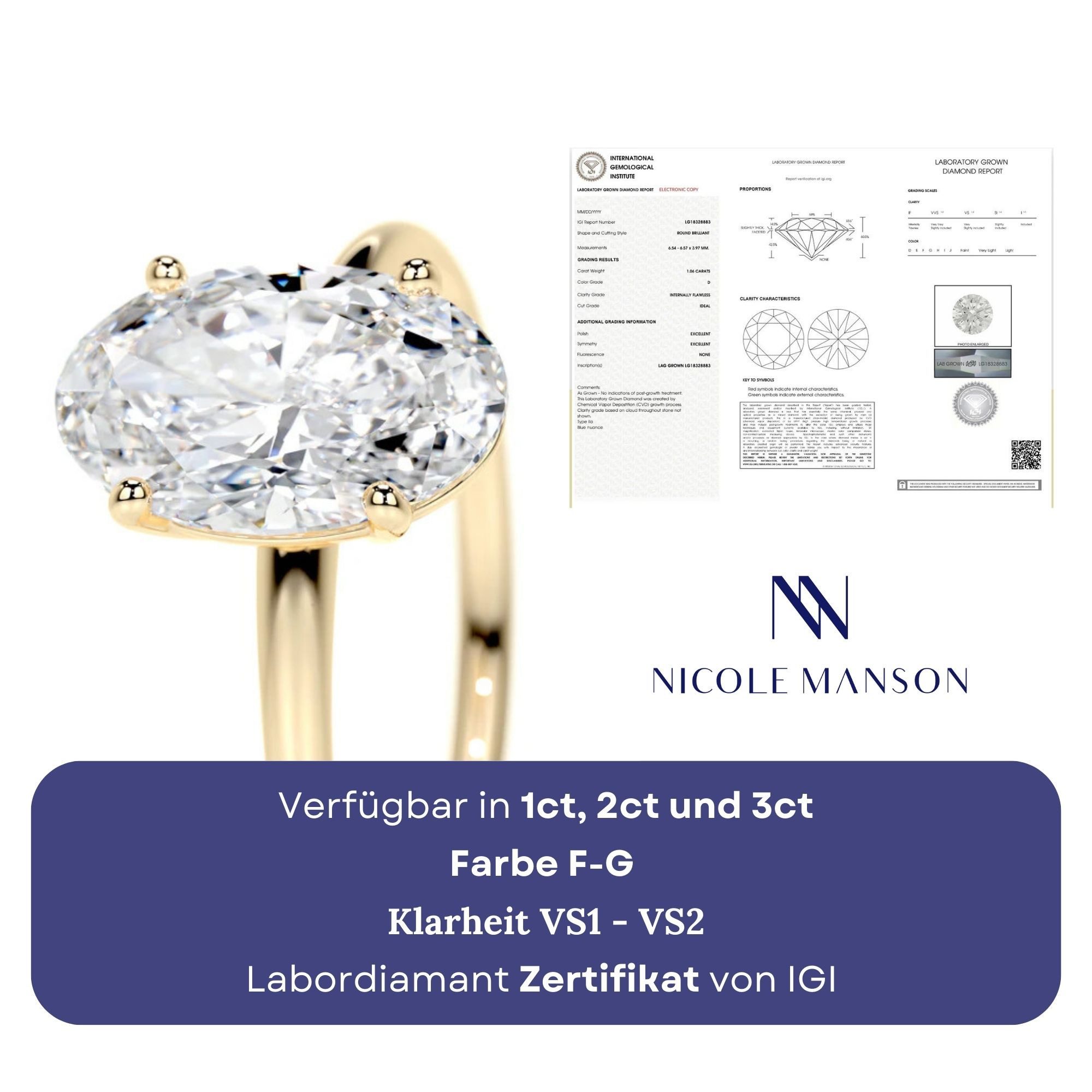 Nicole Manson Diamantring 585 Gold mit Ovaler Labordiamant 1ct - 3ct, Ovaler Solitärring