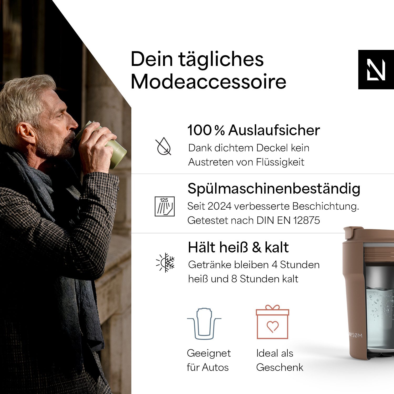 LARS NYSØM Thermobecher Bevægelse, 1-tlg., Thermobecher mit Vakuum Isolierung: 4h heiß / 8h kühl