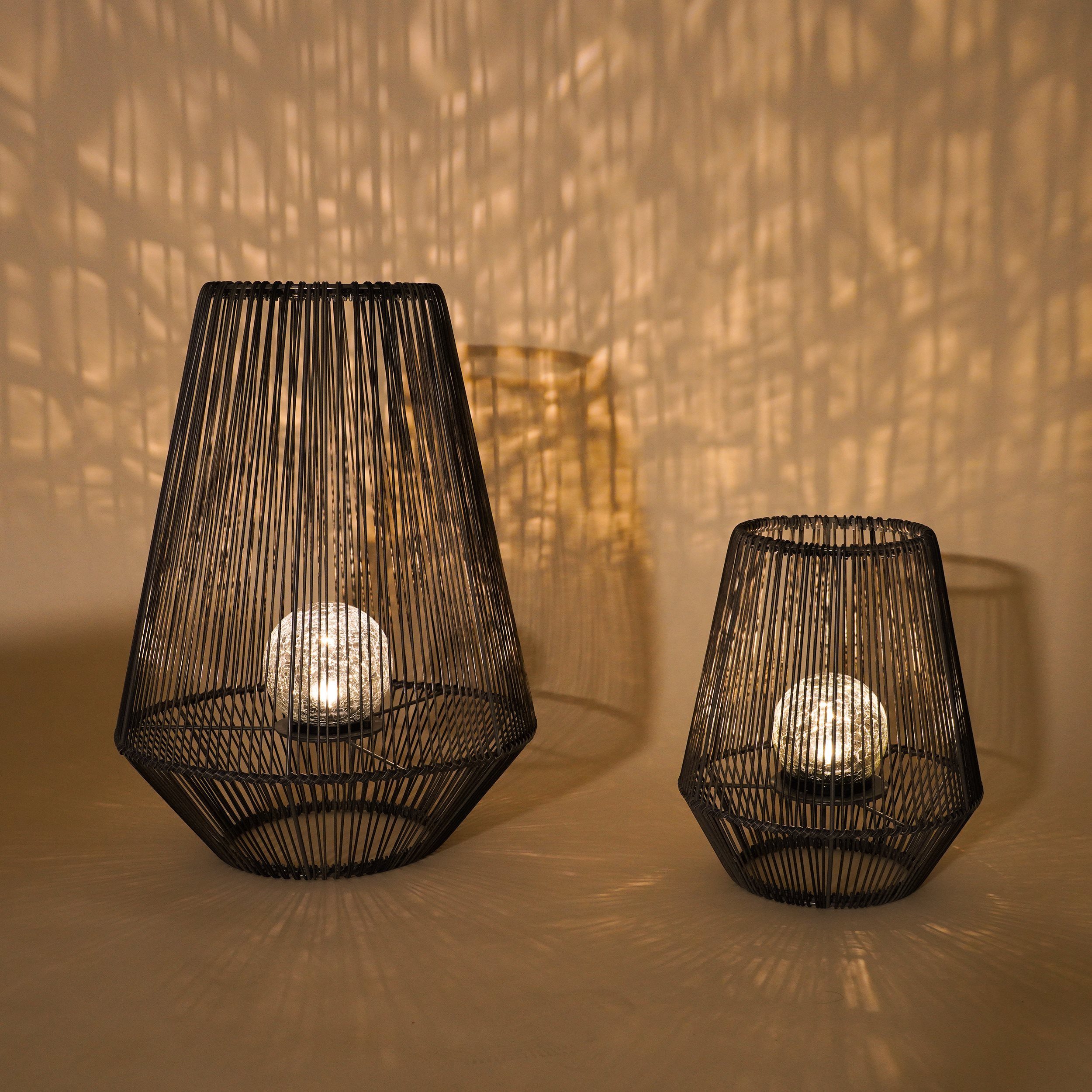 esotec LED Solarleuchte 2x Windlicht Ilona H31,5+51cm POLYRATTAN Bruchglaskugel 2800K 102209, LED fest integriert