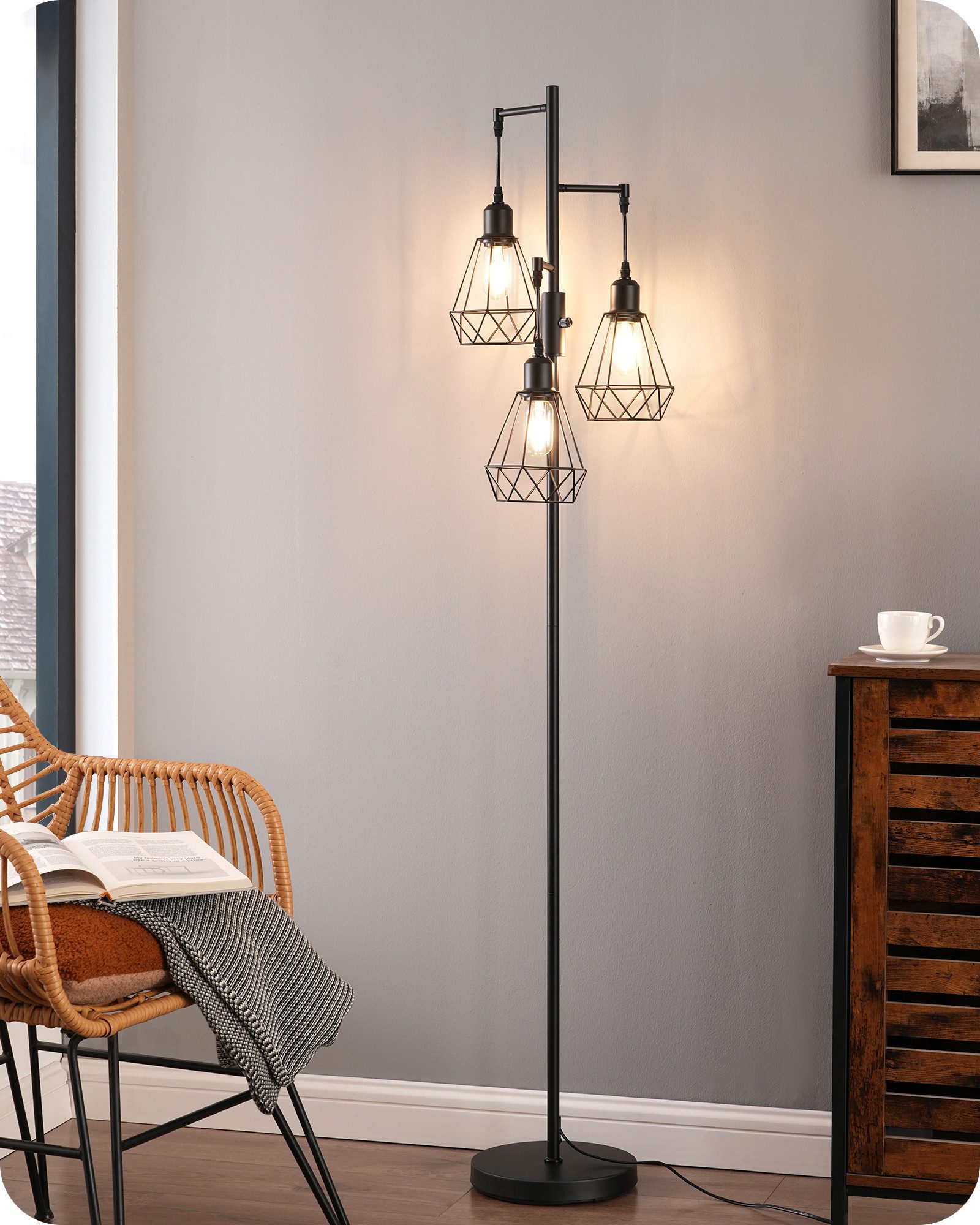 EDISHINE Stehlampe Wohnzimmer Dimmbar, 3-flammige Stehleuchte Industrial, LED wechselbar, Warmweiß, 3 Käfig Lampenschirm aus Metall, Schwarz