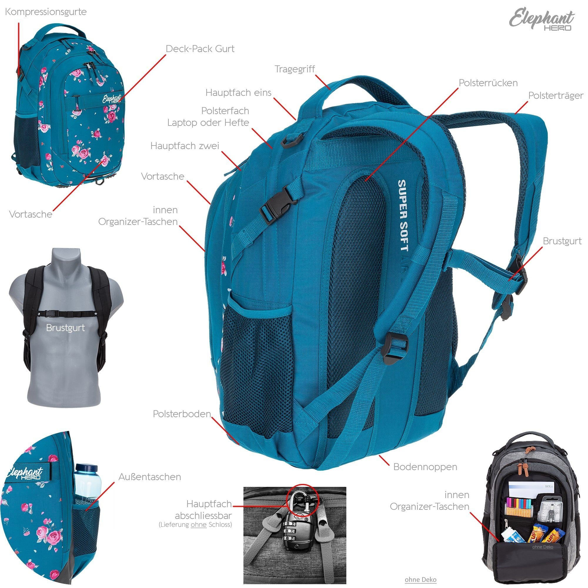 ELEPHANT Schulrucksack Hero Signature Schultasche (2 Teile Set), Rucksack + Mäppchen Box