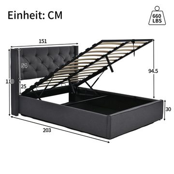 EXTSUD Polsterbett Hydraulisches Doppelbett Polsterbett 140x200cm mit Stauraum, Metallrahmenbett, modernes Bettgestell mit Stauraum, Baumwolle, grau