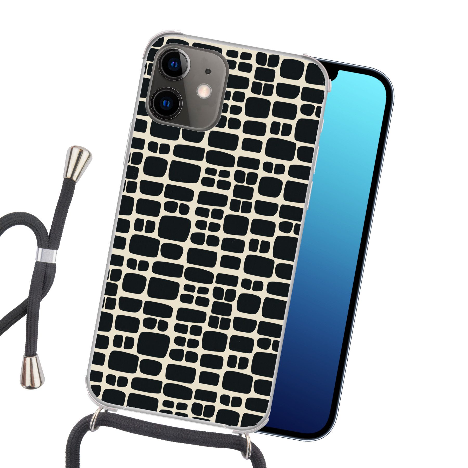 MuchoWow Handyhülle für Apple iPhone 12 Modern - Bio - Schwarz, Tragbare Handyhüllen mit Kette zum umhängen, Handykette Handyband