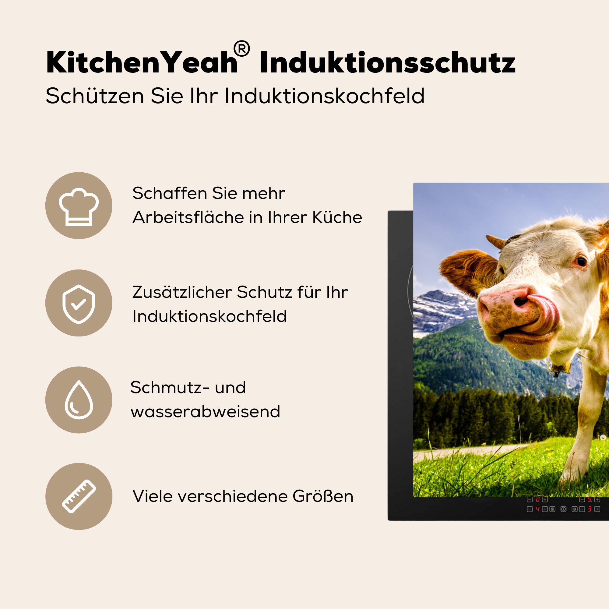 MuchoWow Herdblende-/Abdeckplatte Kühe Schutz - Alpen, - Vinyl, - küche, 81x52 die (1 Induktionskochfeld tlg), - Landschaft Berge für Gras Ceranfeldabdeckung cm