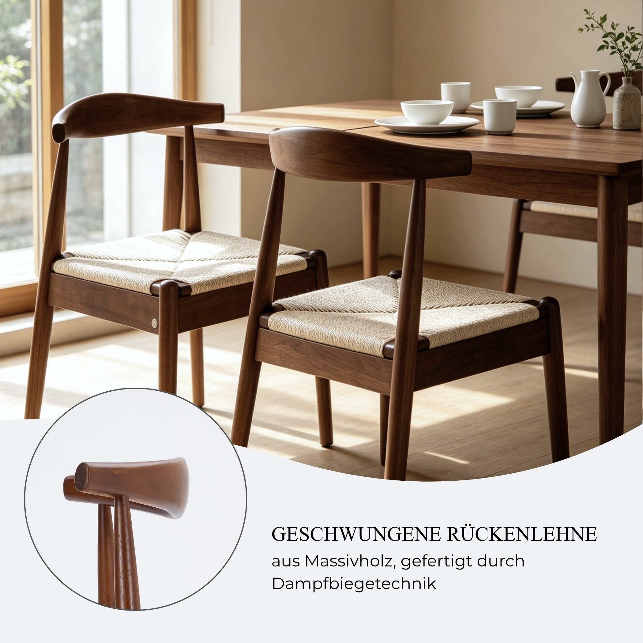 SeedWave Esszimmerstuhl Holz-Esszimmerstühle 2er Set mit Papierkordel-Sitzfläche (2er Set), Armlehnenlose Stühle mit gebogener Rückenlehne – Bild 4 von 5