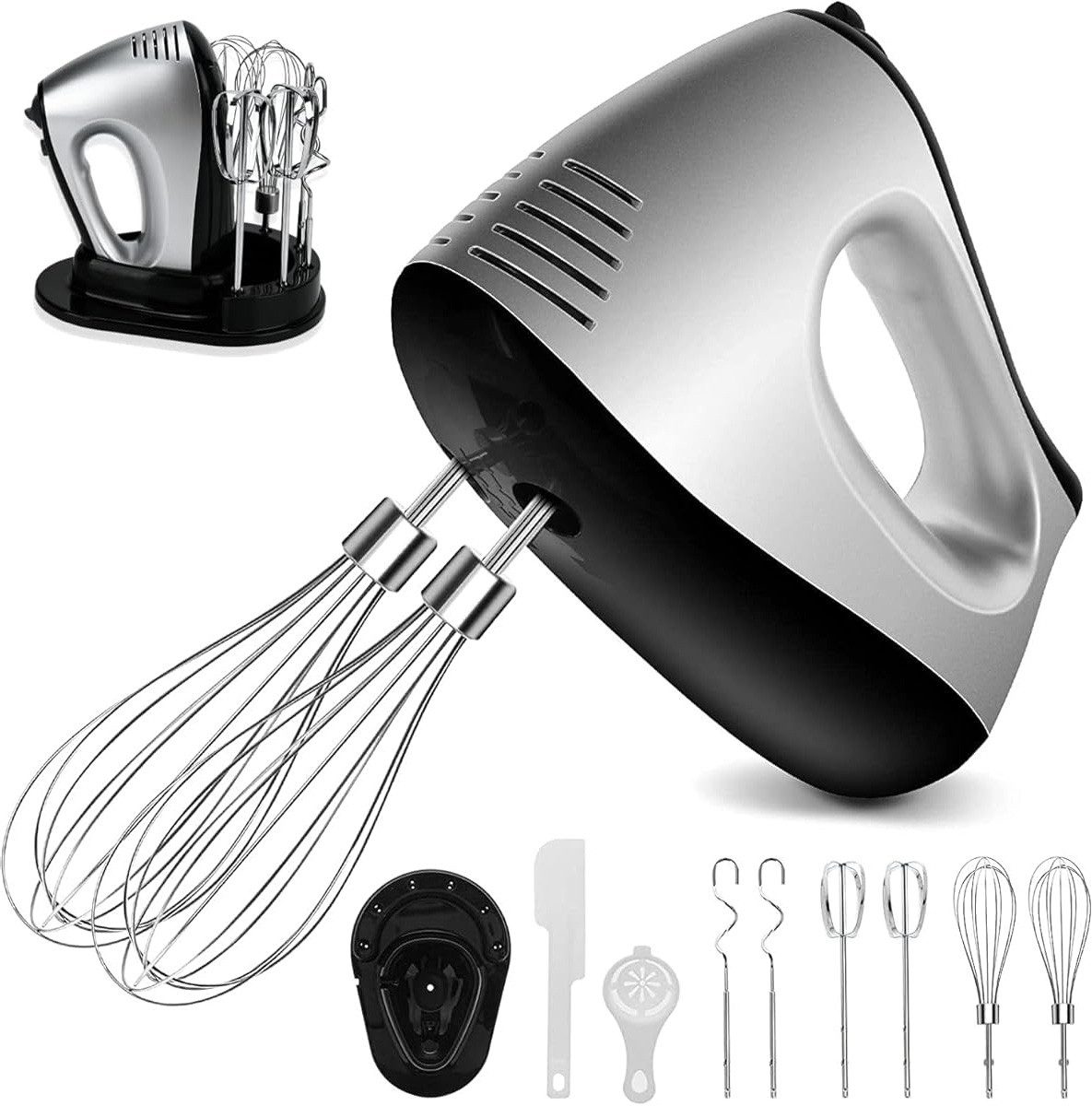 AKKEE Handmixer Elektrisch 300W mit 5 Geschwindigkeiten & Turbinenfunktion Inkl., 300 W, 2 Quirlen, 2 Knethaken