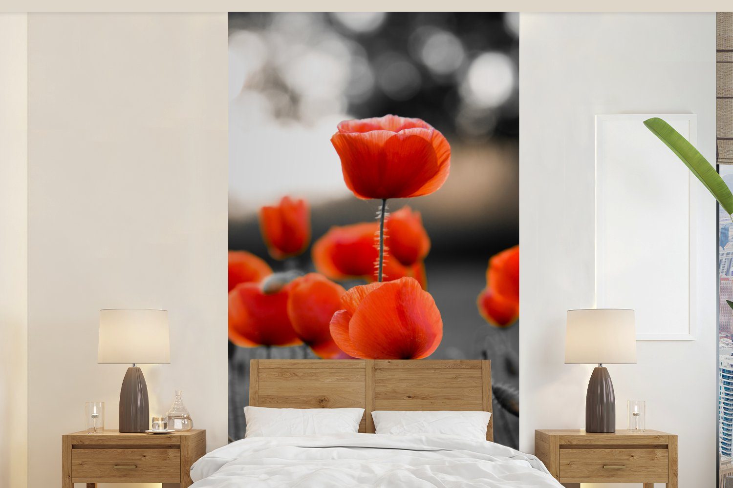 MuchoWow Fototapete Rote Mohnblumen vor schwarzem und weißem Hintergrund, Matt, bedruckt, (2 St), Vliestapete für Wohnzimmer Schlafzimmer Küche, Fototapete