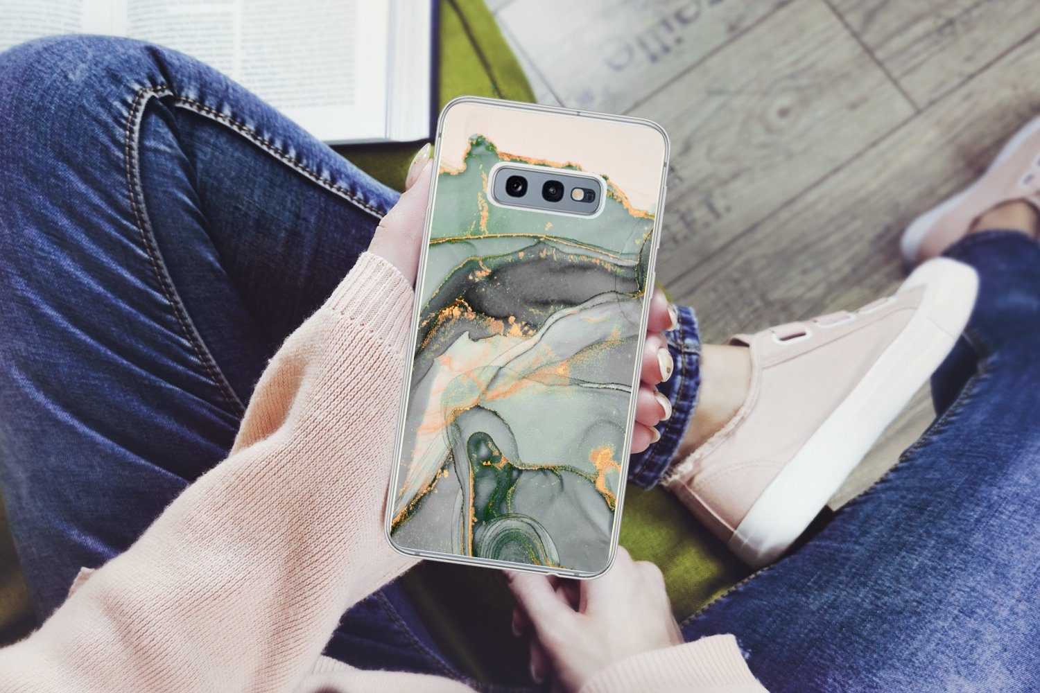 MuchoWow Handyhülle für Samsung Galaxy S10e Gold - Marmor - Grün - Luxus - Glitzer - Marmo, Phone Case, Silikon, Schutzhülle Dünn