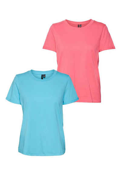 Vero Moda T-Shirt 2er Pack Basic T-Shirt VMPAULA (2-tlg) 5270 in Blau-Rot
