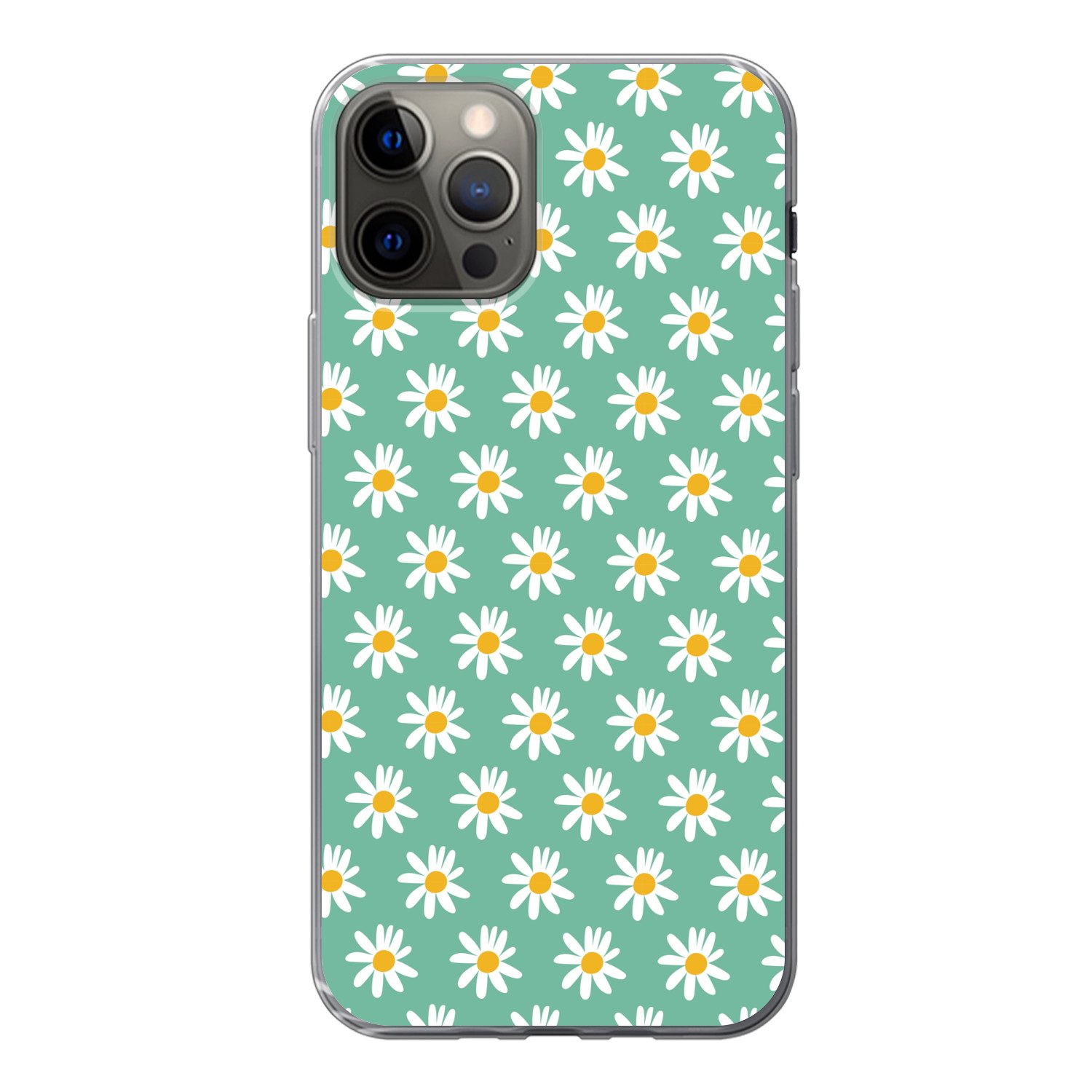 MuchoWow Handyhülle für Apple iPhone 12 Pro Gänseblümchen - Muster - Grün - Blumen, Smartphone-Bumper, Print, Handy Schutzhülle Dünn
