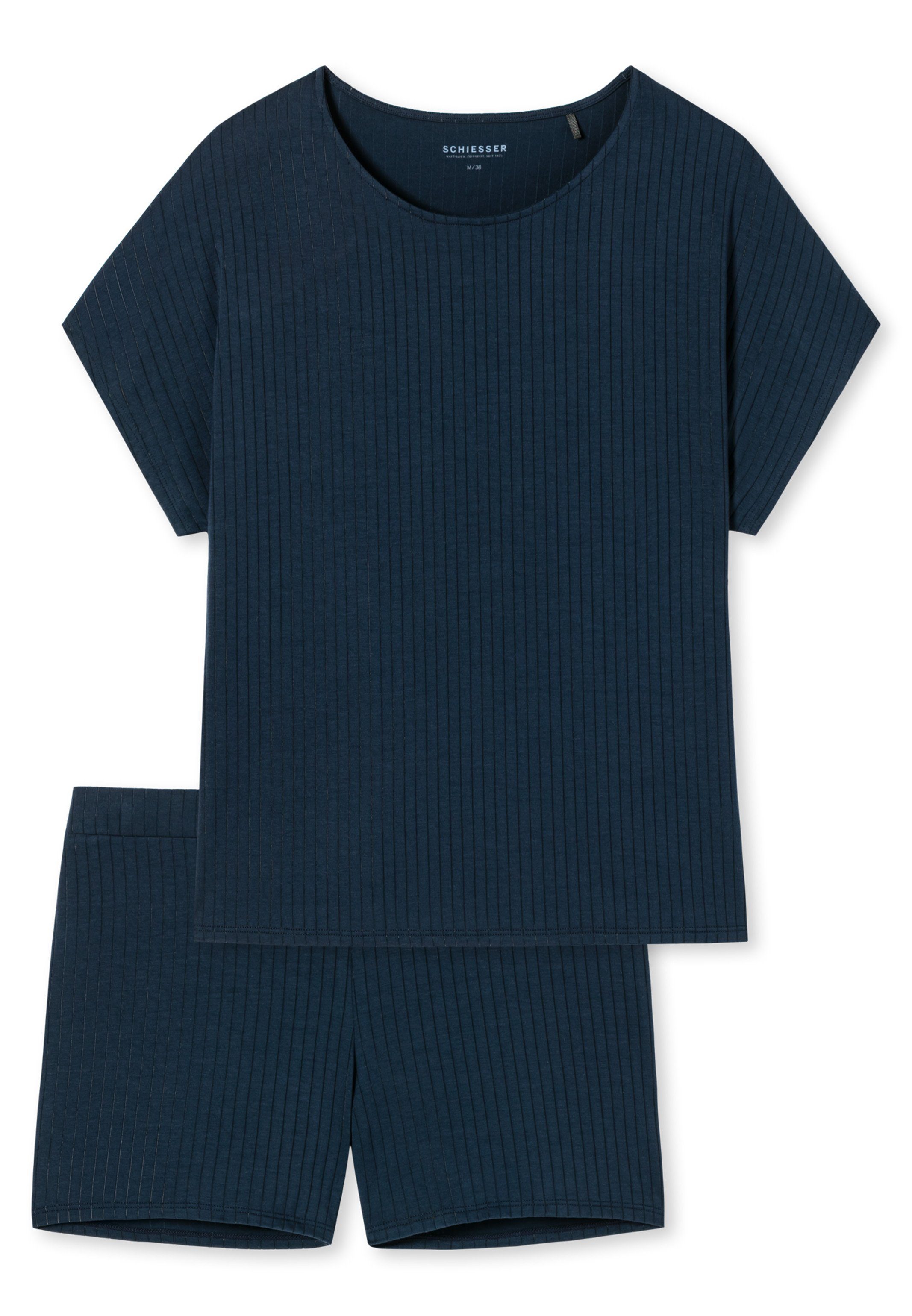 Fledermausärmeln Premium Selected (Set, 2 Schiesser Schlafanzug - mit Dunkelblau Pyjama tlg) Kurz Oversized-Shirt